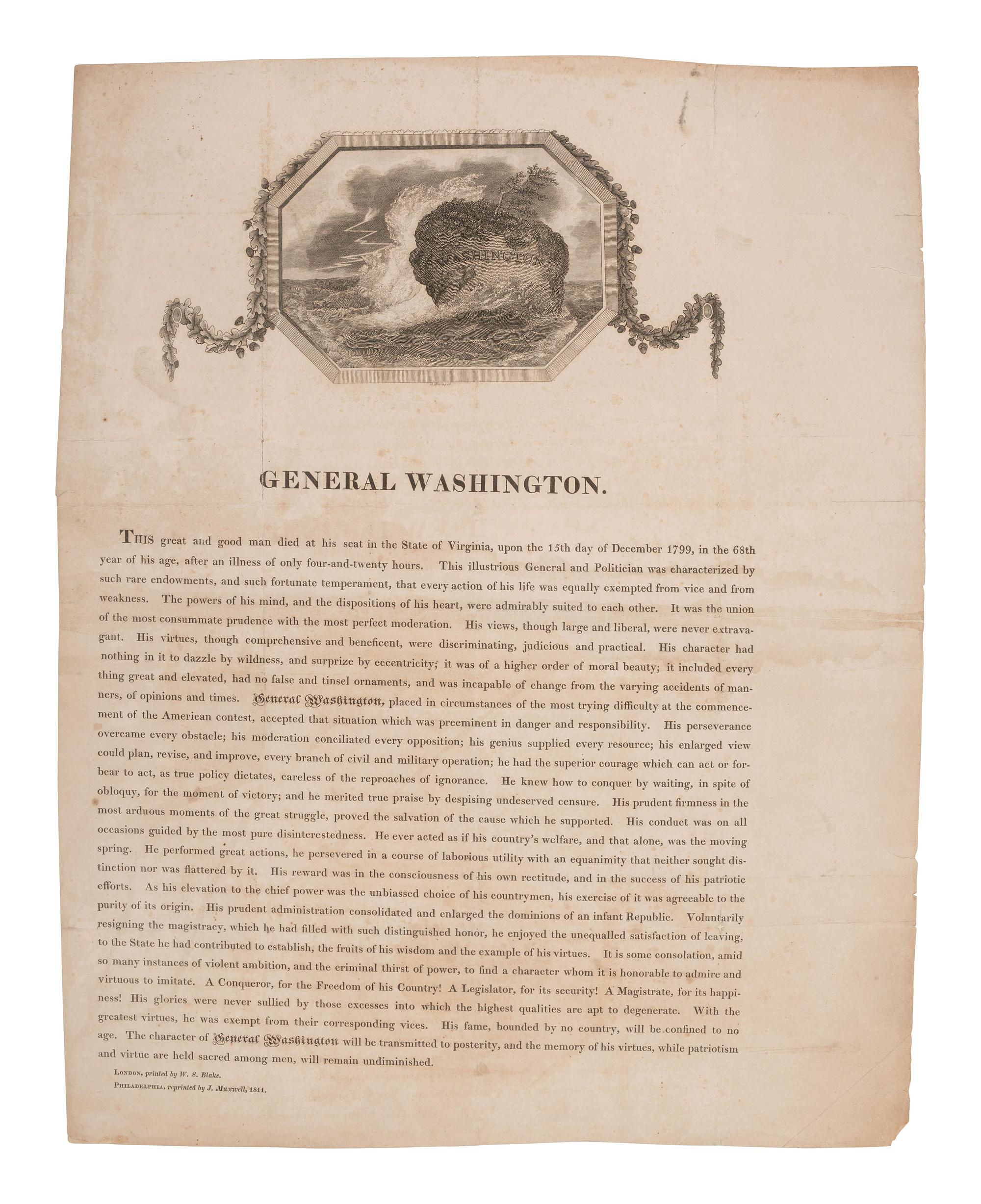[WASHINGTON, George (1732-1799)]. Illustrated broadside extolling and memorializing George Washington. Philadelphia: J. Maxwell, 1811.