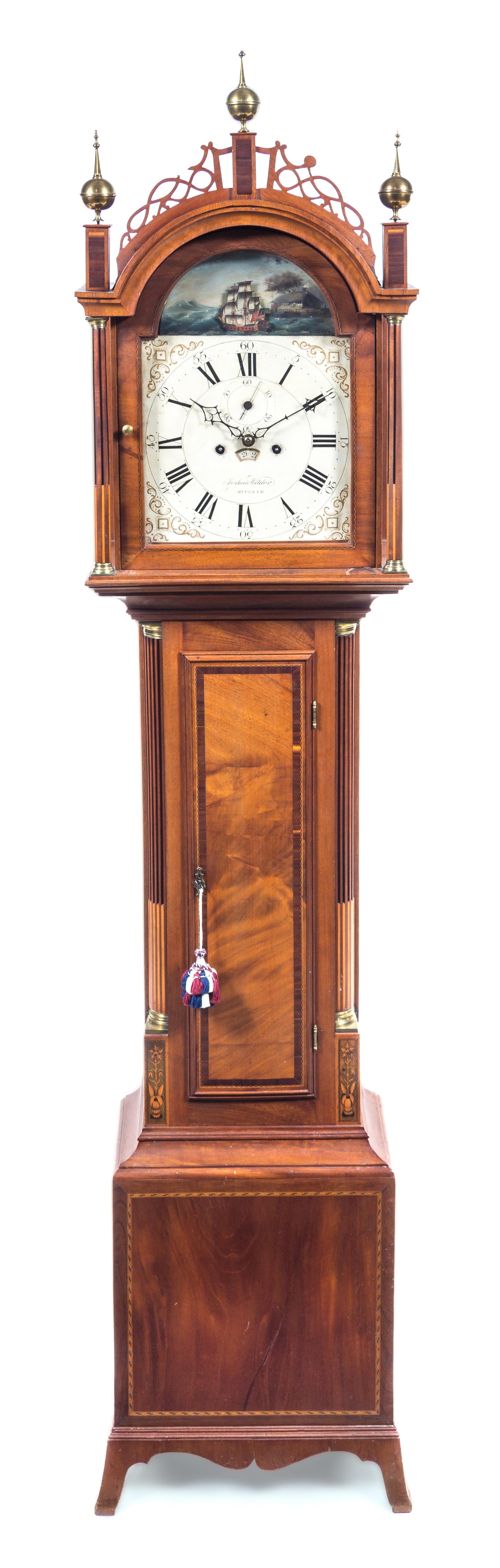 A Federal Mahogany Tall Case Clock Height 88 x width 18 3/4 x depth 9 3/4 inches. — WORKS BY JOSHUA WILDER, HINGHAM, MASSACHUSETTS, CIRCA 1810