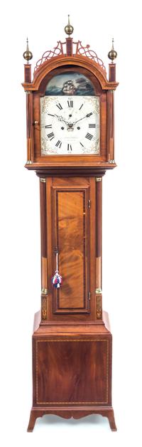 A Federal Mahogany Tall Case Clock Height 88 x width 18 3/4 x depth 9 3/4 inches. — WORKS BY JOSHUA WILDER, HINGHAM, MASSACHUSETTS, CIRCA 1810