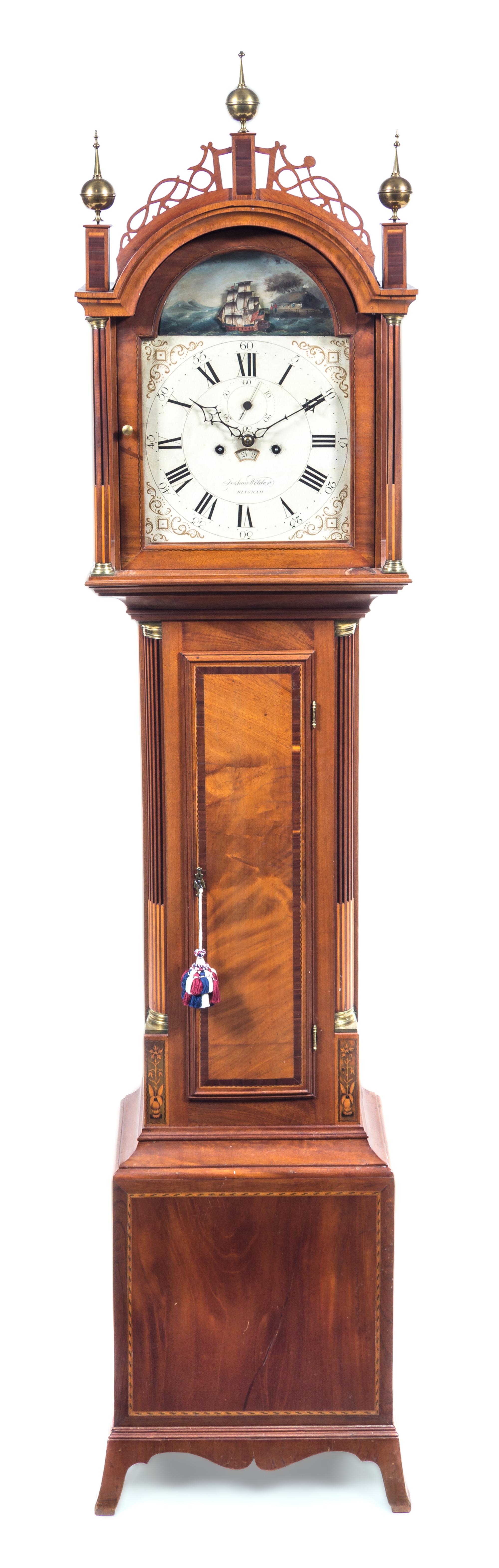 A Federal Mahogany Tall Case Clock Height 88 x width 18 3/4 x depth 9 3/4 inches. — WORKS BY JOSHUA WILDER, HINGHAM, MASSACHUSETTS, CIRCA 1810