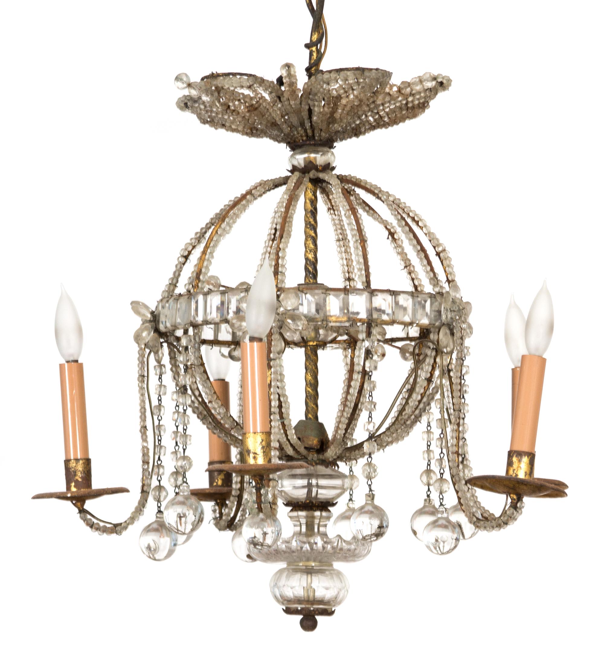 A French Gilt Wire and Crystal Five-Light Chandelier Height 30 inches.