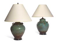 An Associated Pair of Pale Blue-Green Glazed Stoneware Jars, Now Mounted as Lamps