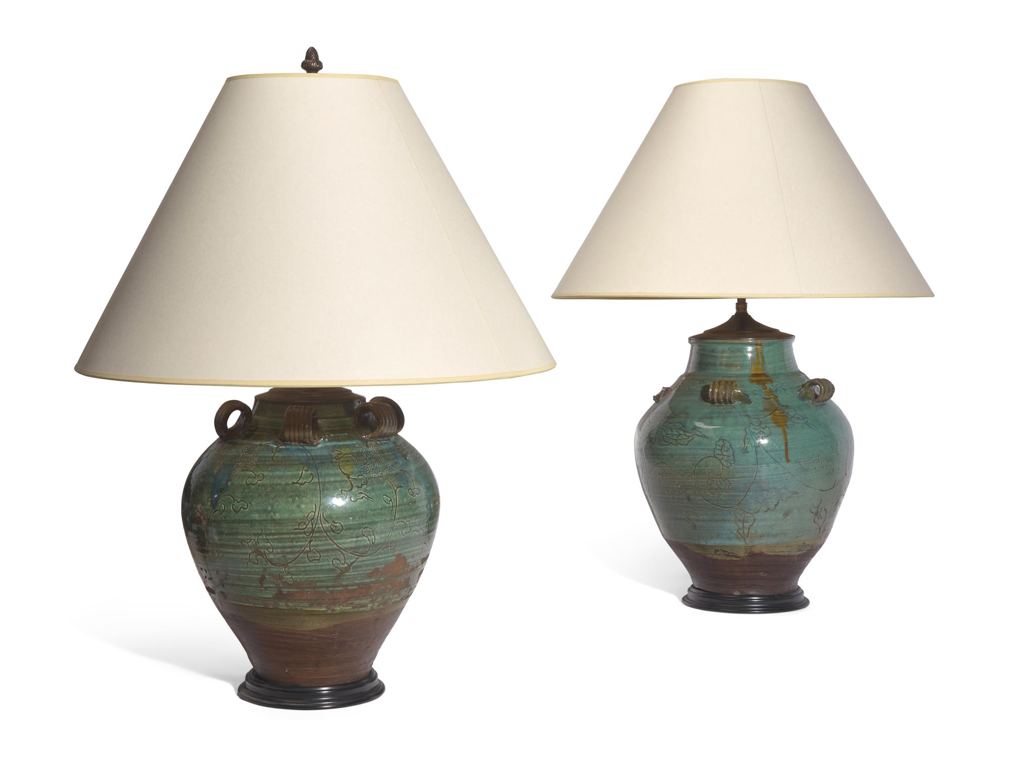 An Associated Pair of Pale Blue-Green Glazed Stoneware Jars, Now Mounted as Lamps