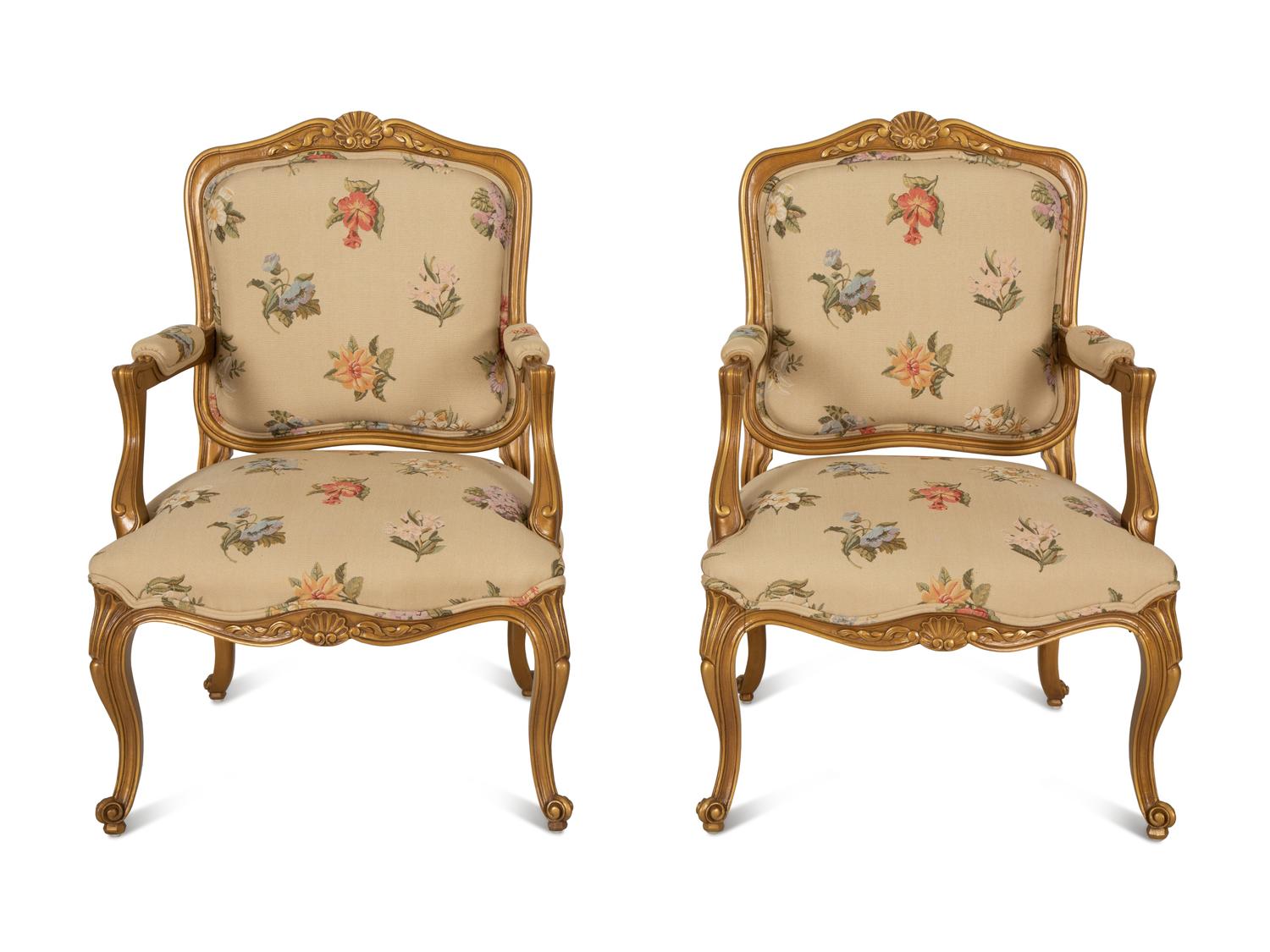 A Pair of Louis XV Style Gold Painted Fauteuils