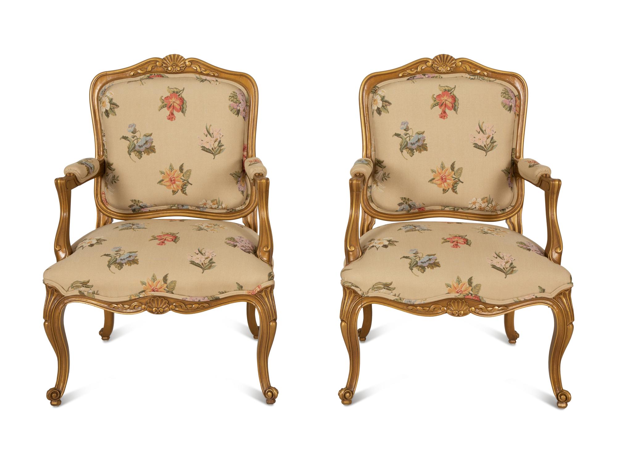 A Pair of Louis XV Style Gold Painted Fauteuils