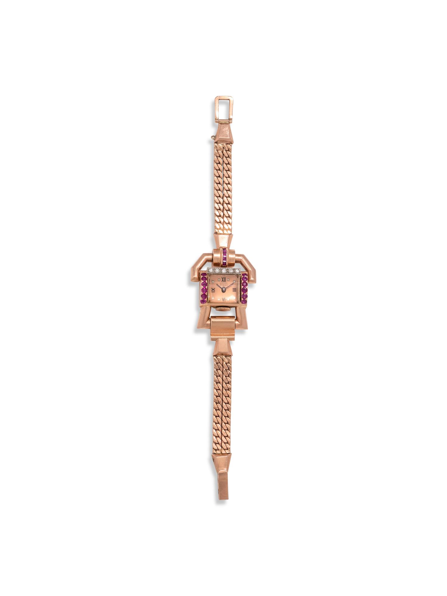 LUCIEN PICARD, RETRO, 14K ROSE GOLD, DIAMOND AND RUBY WRISTWATCH