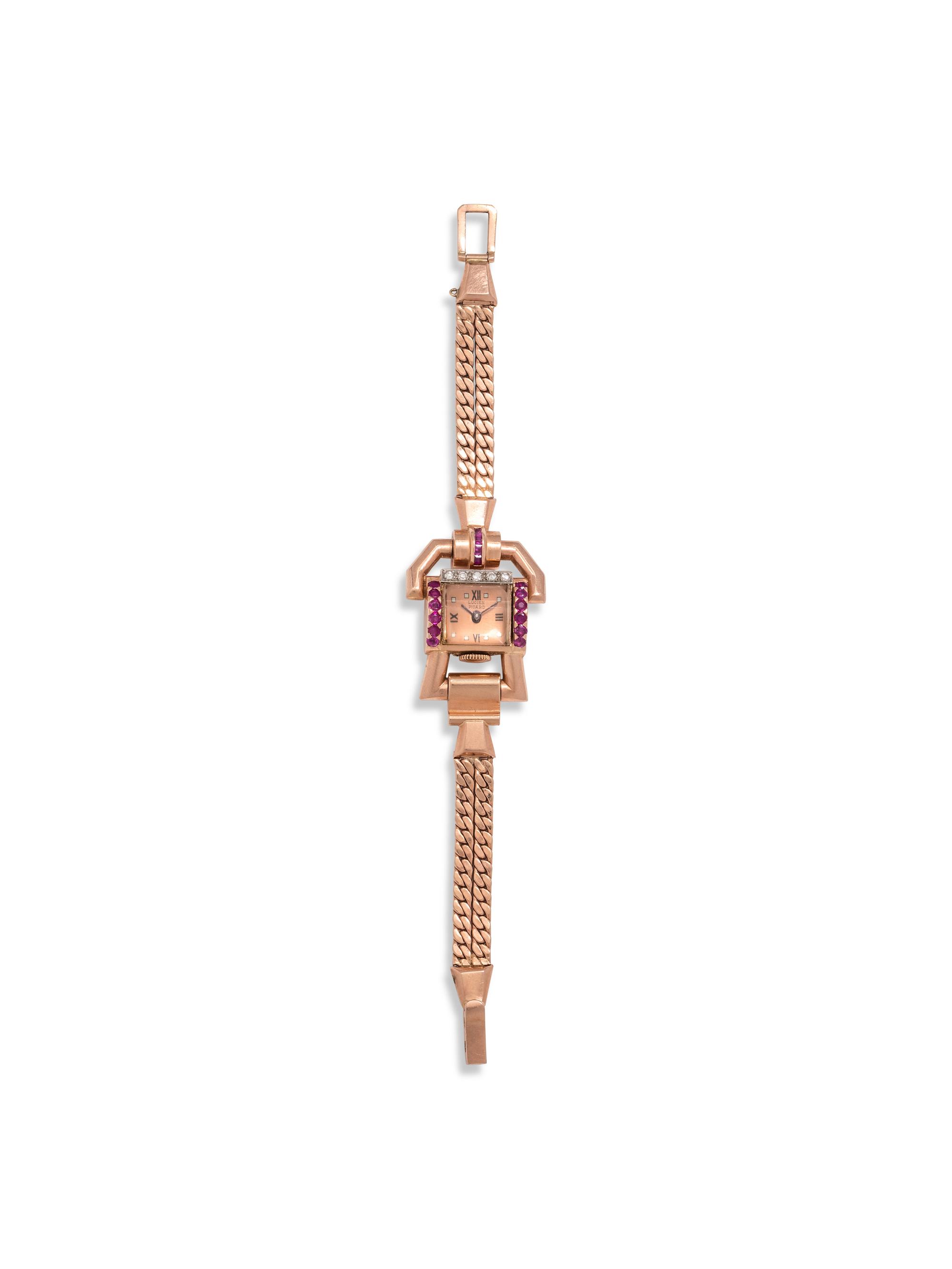 LUCIEN PICARD, RETRO, 14K ROSE GOLD, DIAMOND AND RUBY WRISTWATCH