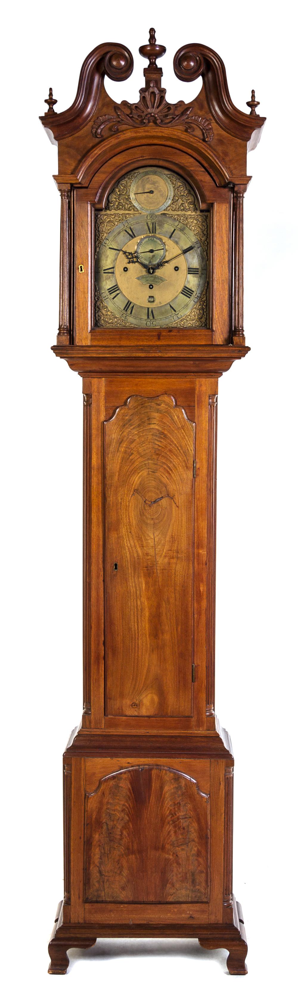 <strong>An American Mahogany Tall Case Clock Height 96 1/8 x width 20 3/8 x depth 11 inches.</strong>