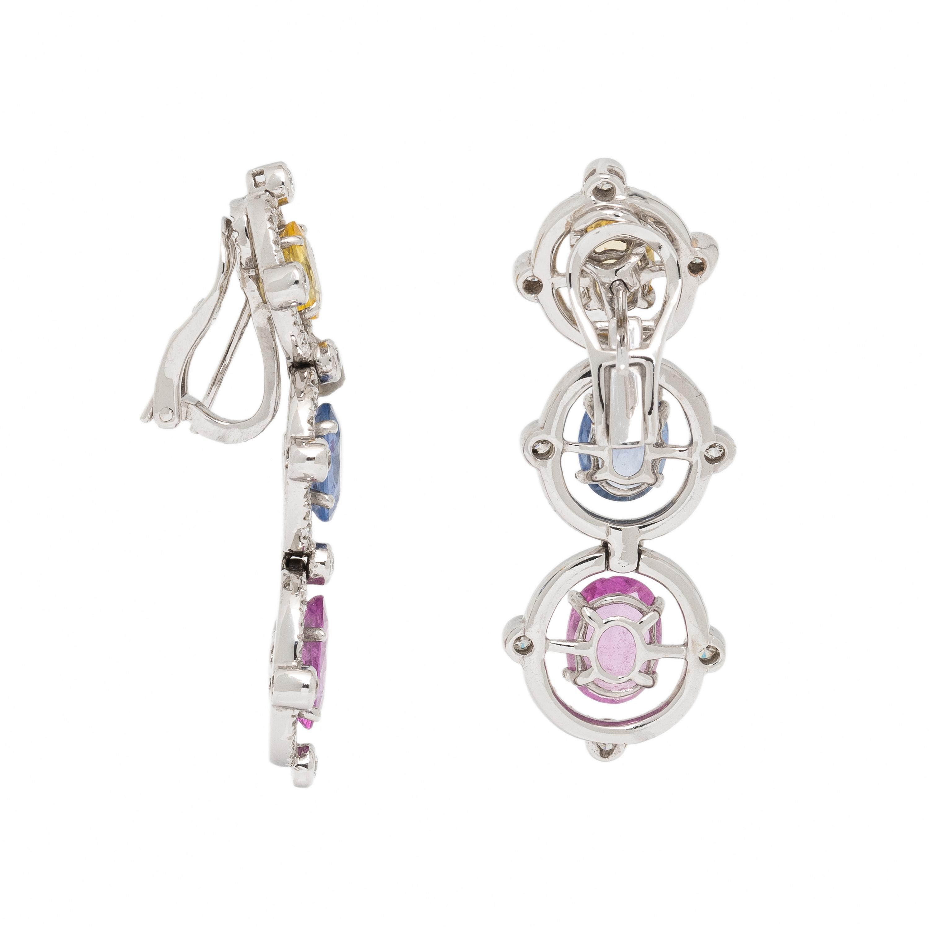 Multi Colored Sapphire, Diamond, and White Gold Earrings