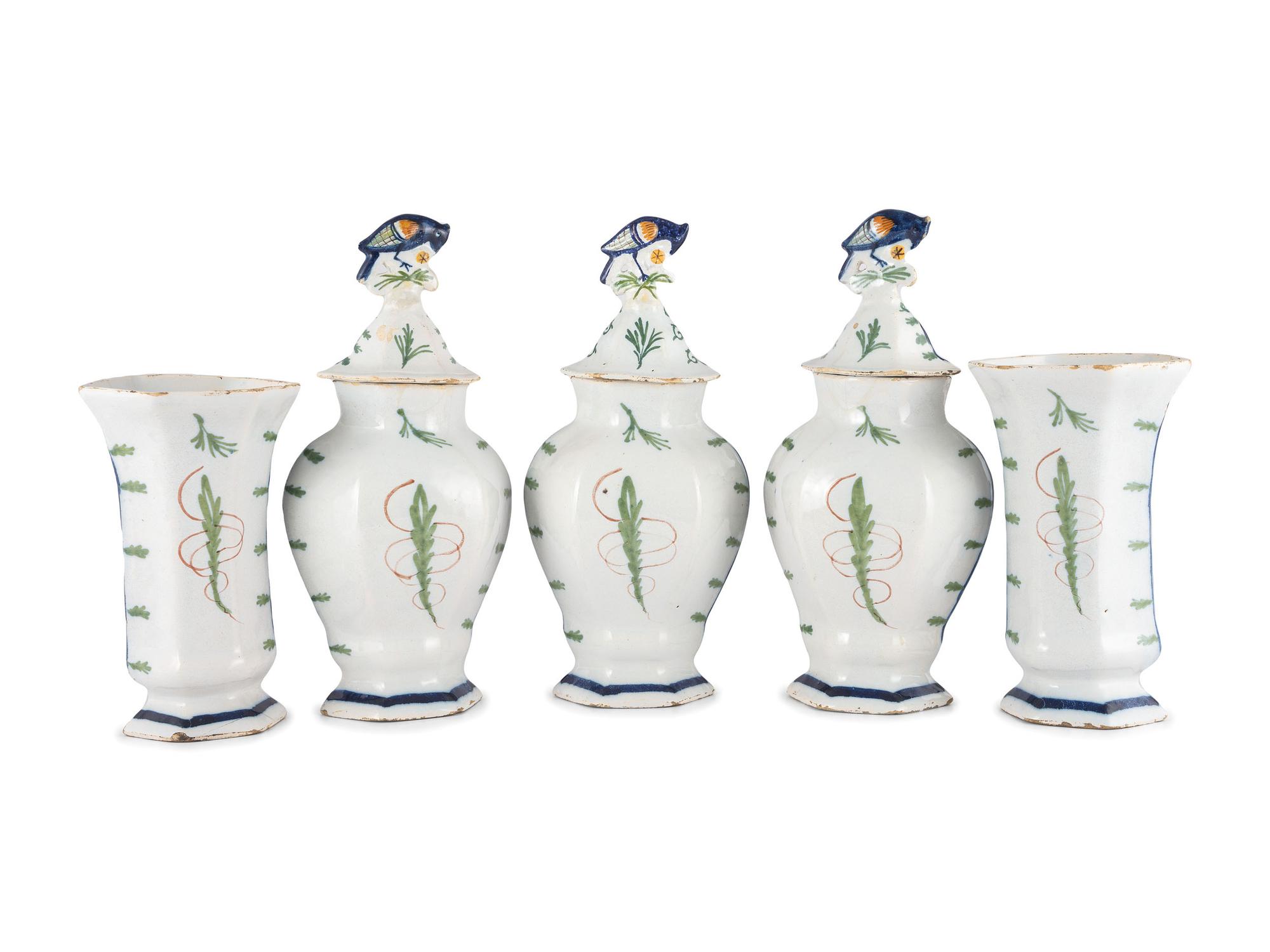 A Dutch Glazed Earthenware Five-Piece Garniture