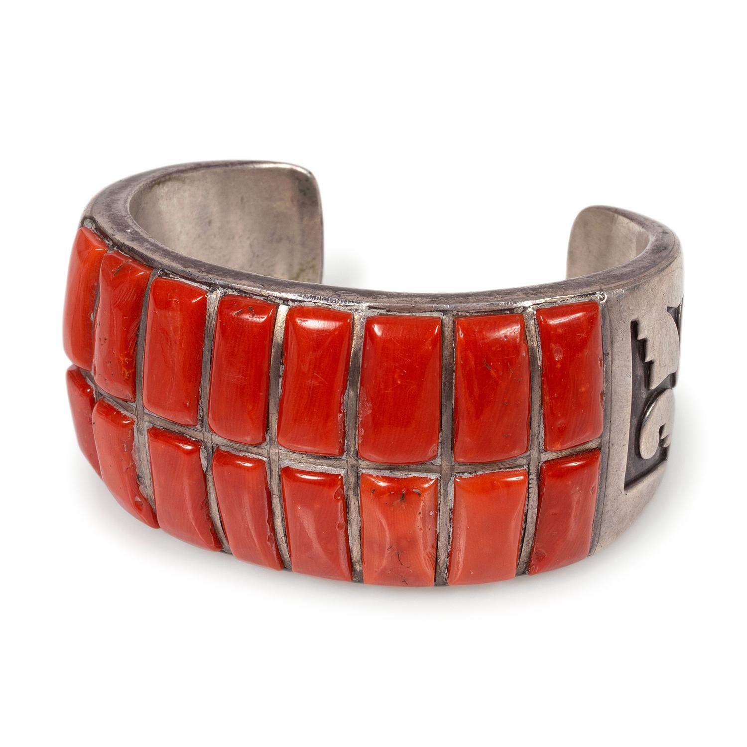 Navajo or Hopi Silver Overlay and Coral Cuff Bracelet
