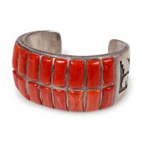 Navajo or Hopi Silver Overlay and Coral Cuff Bracelet