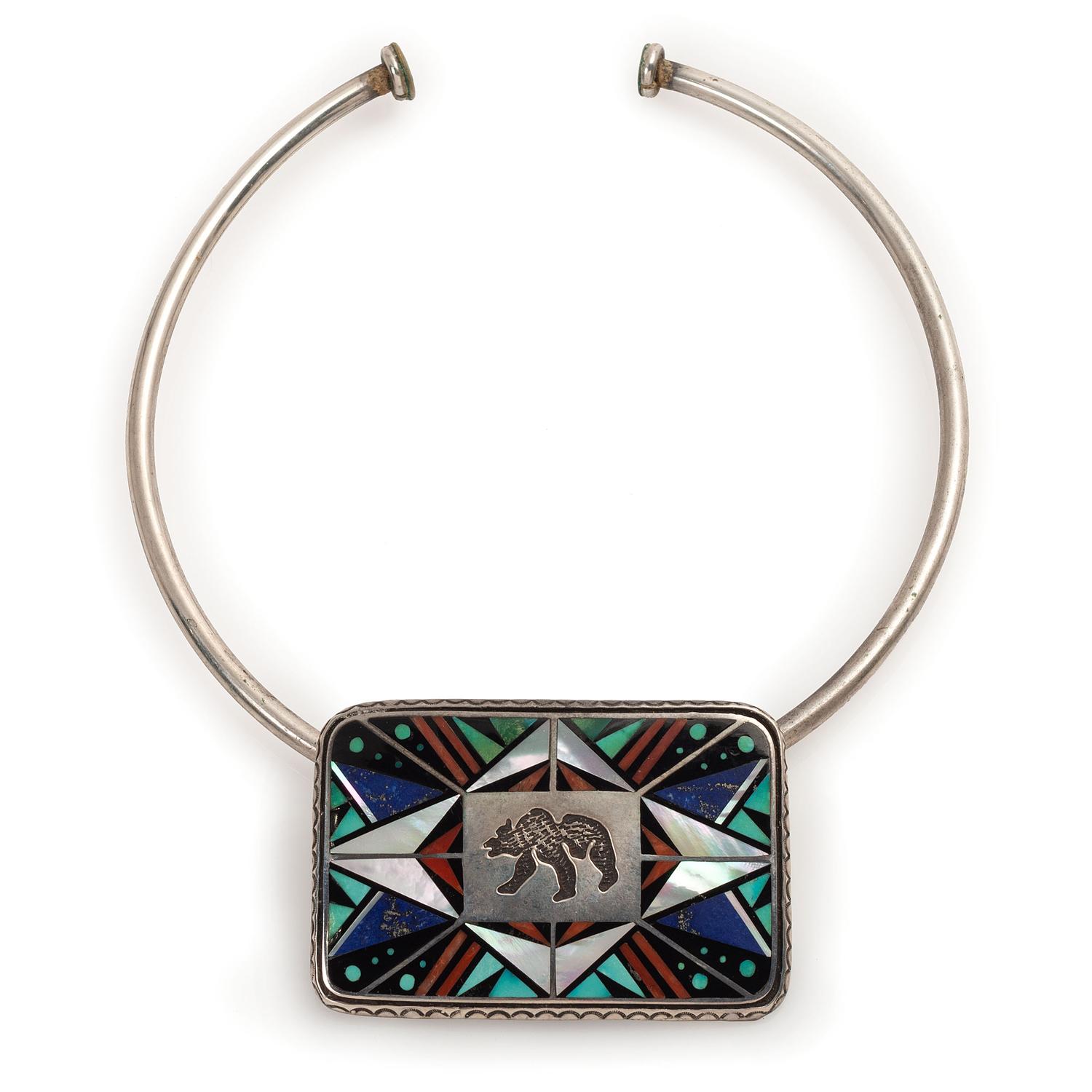 Navajo Silver and Mosaic Inlay Bear Choker Necklace