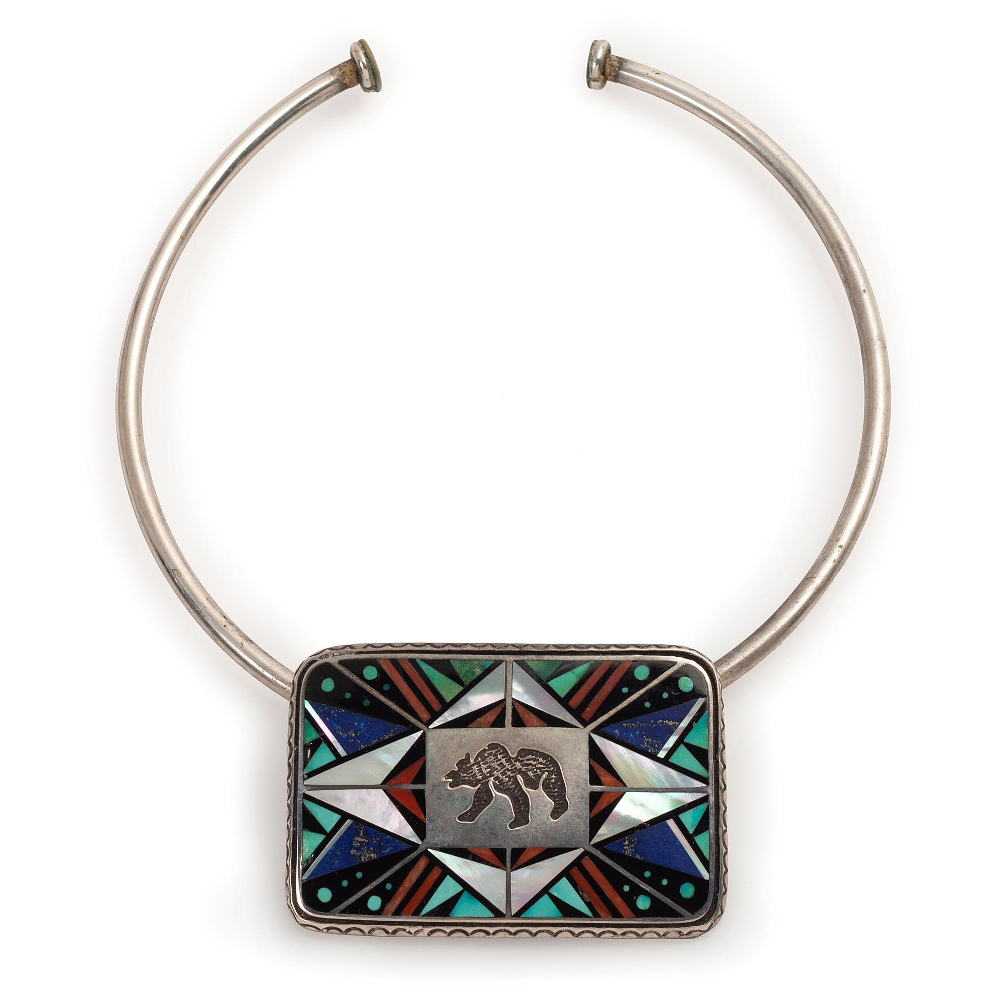 Navajo Silver and Mosaic Inlay Bear Choker Necklace