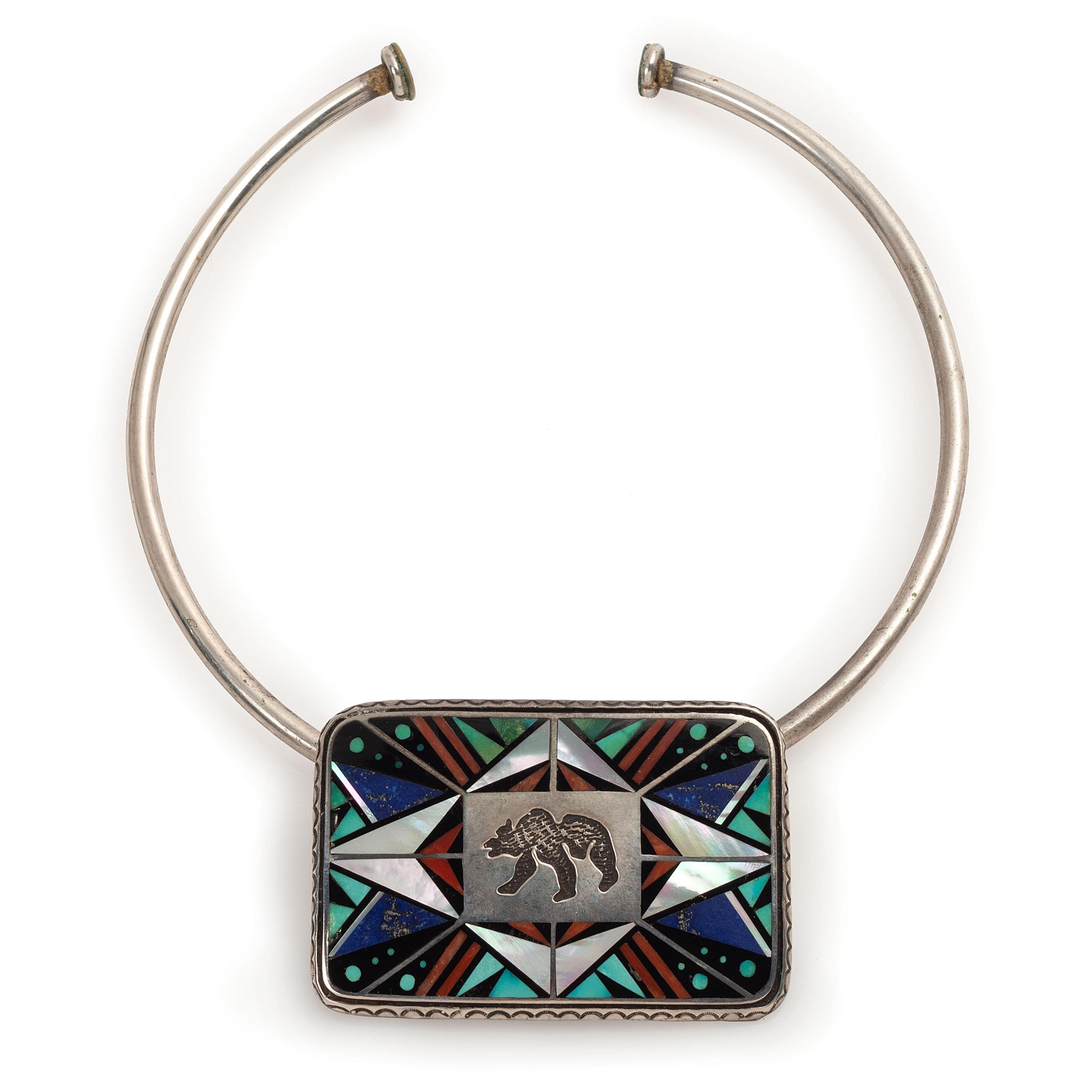 Navajo Silver and Mosaic Inlay Bear Choker Necklace