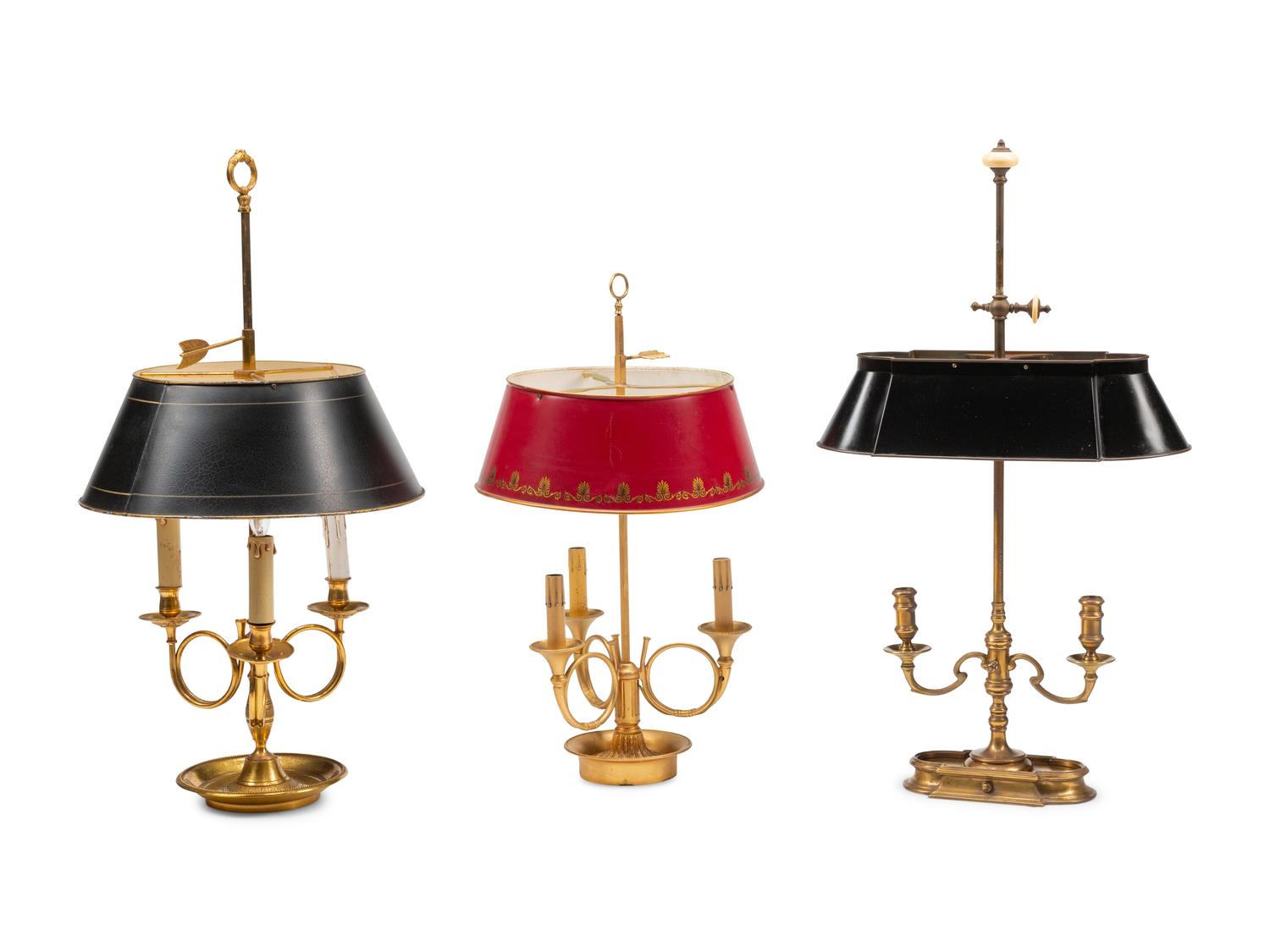 Three Gilt Metal Bouillotte Lamps with Tôle Shades