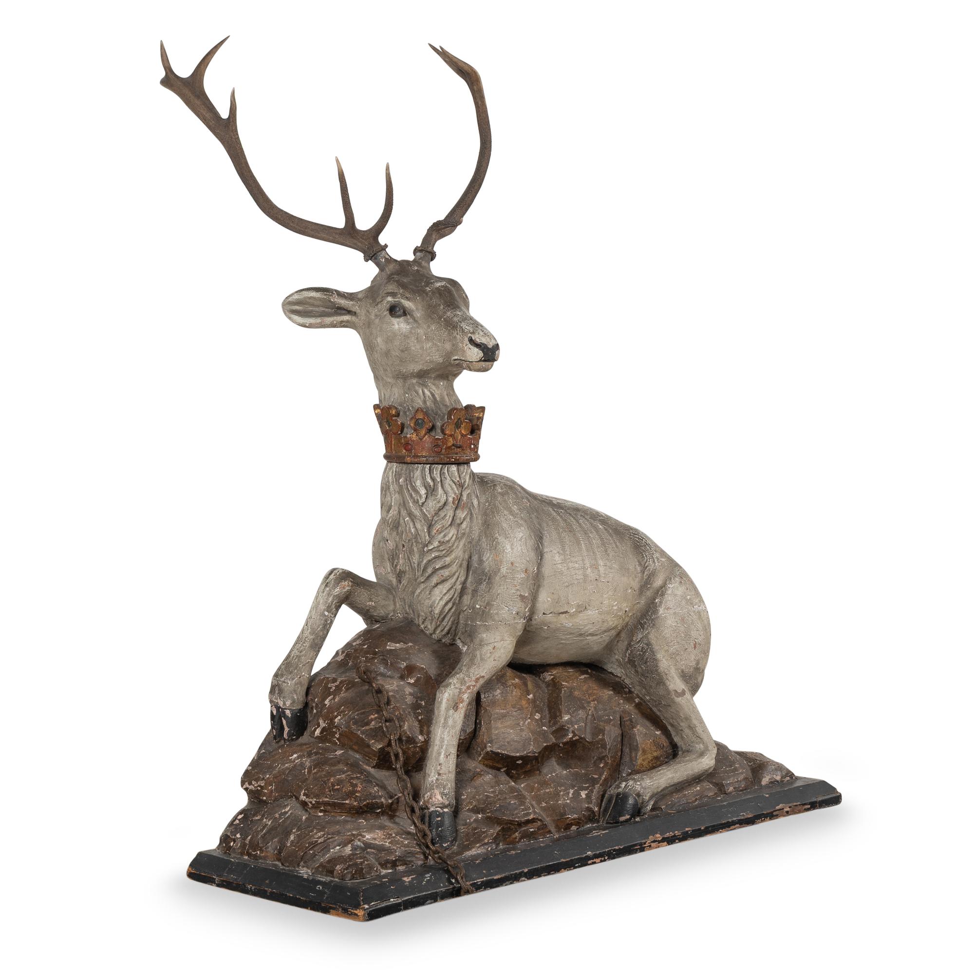 A Large Continental Carved and Polychrome Decorated Model of a Stag