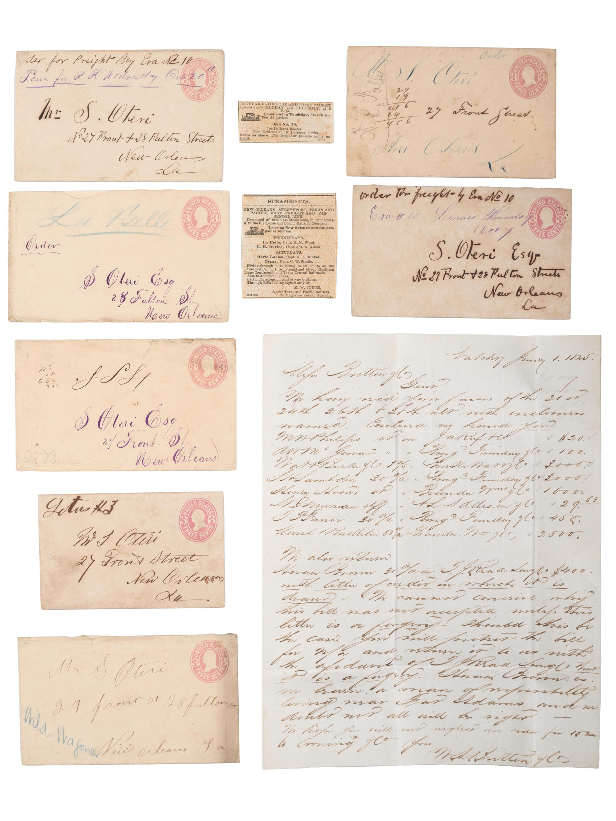 [STEAMBOATS] -- [POSTAL COVERS]. A group of 17 manuscript covers from Mississippi River steamboats, including: