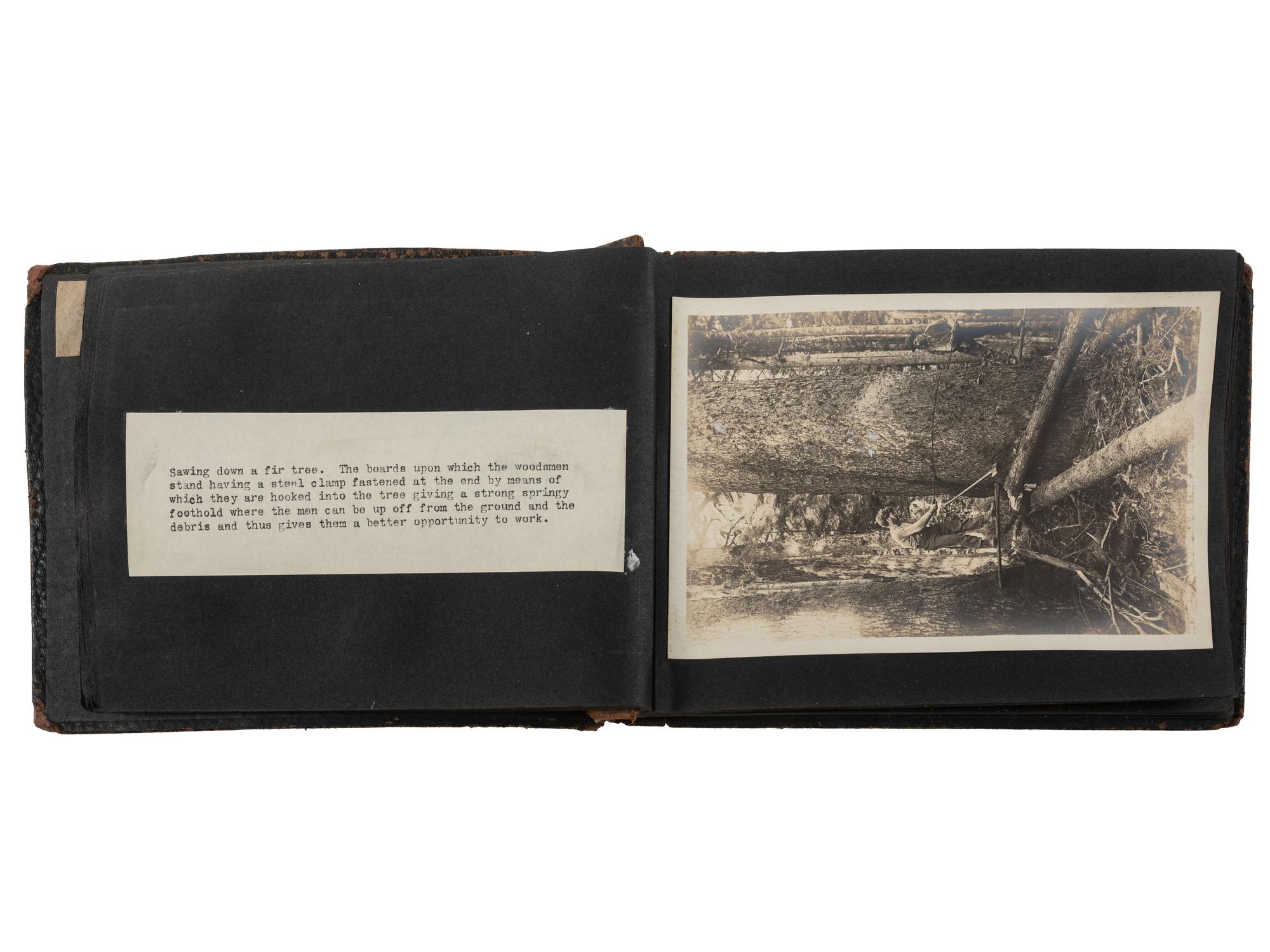 [EARLY PHOTOGRAPHY - OCCUPATIONAL]. American Timber Holding Co. photograph album featuring images from the Pacific Northwest, including: