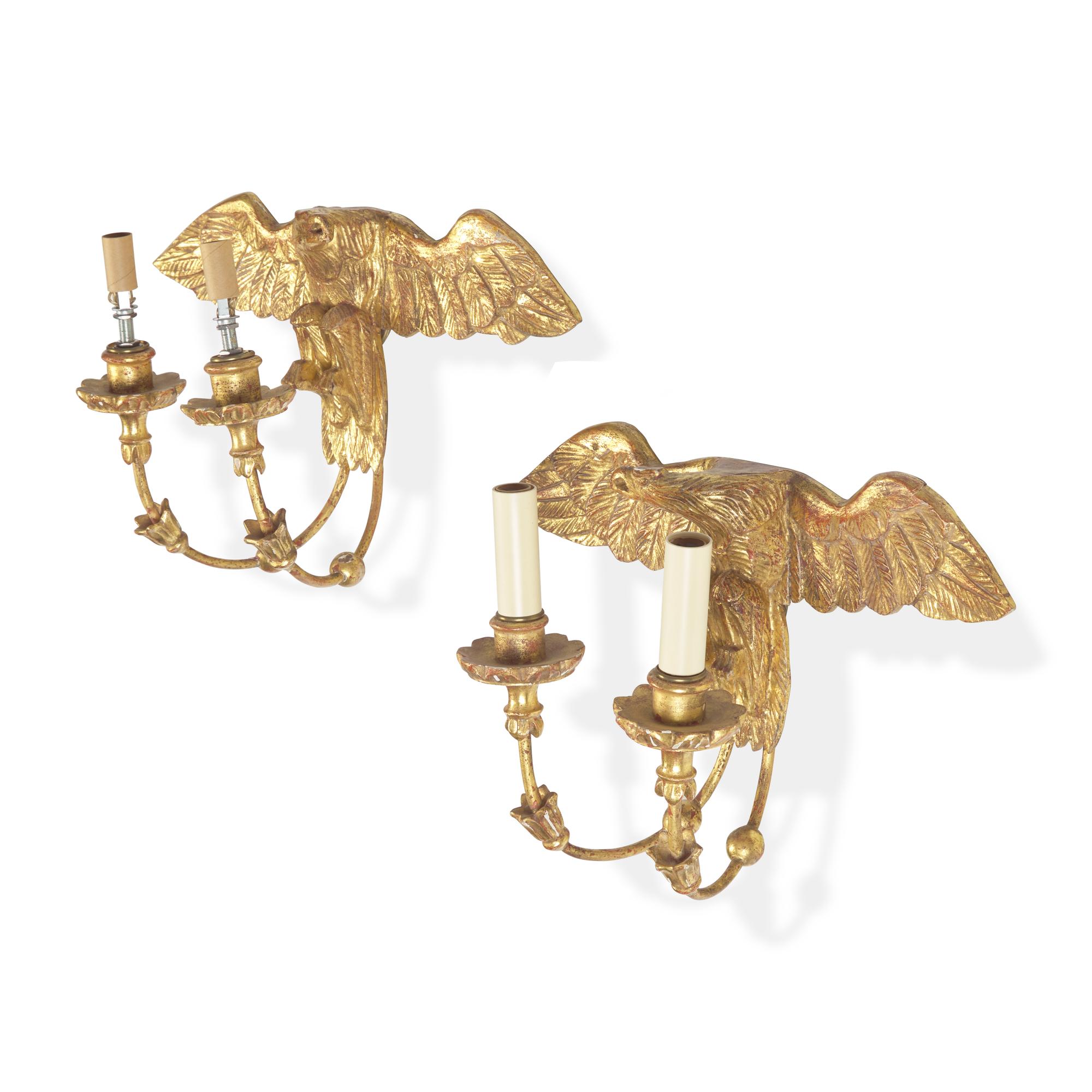 A Pair of Federal Style Giltwood Two-Light Eagle Wall-Lights