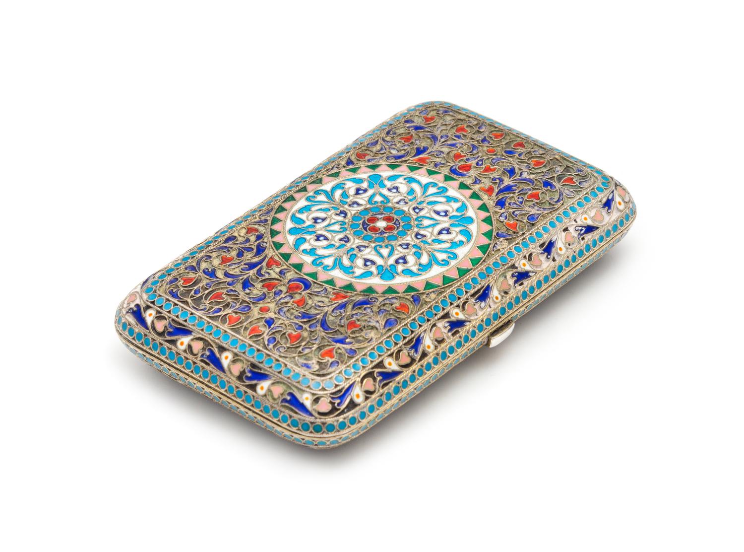 A Russian Enameled Silver Cigarette Case, Mark of Pavel Ovchinnikov with Imperial Warrant, Assay of Lev Oleks, Moscow, 1891, the case h