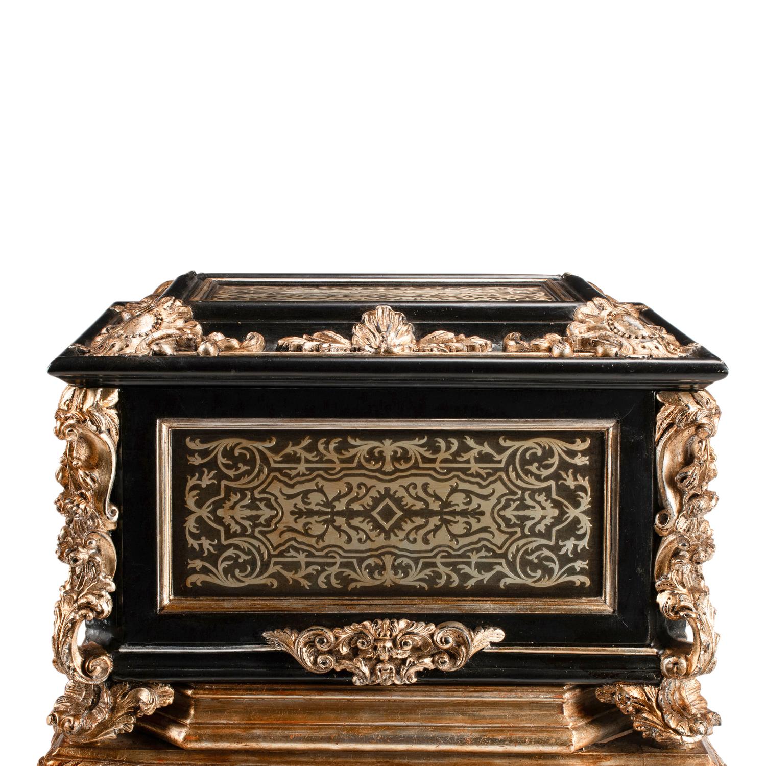 A French Metal-Inlaid Box on Silvered Wood Stand