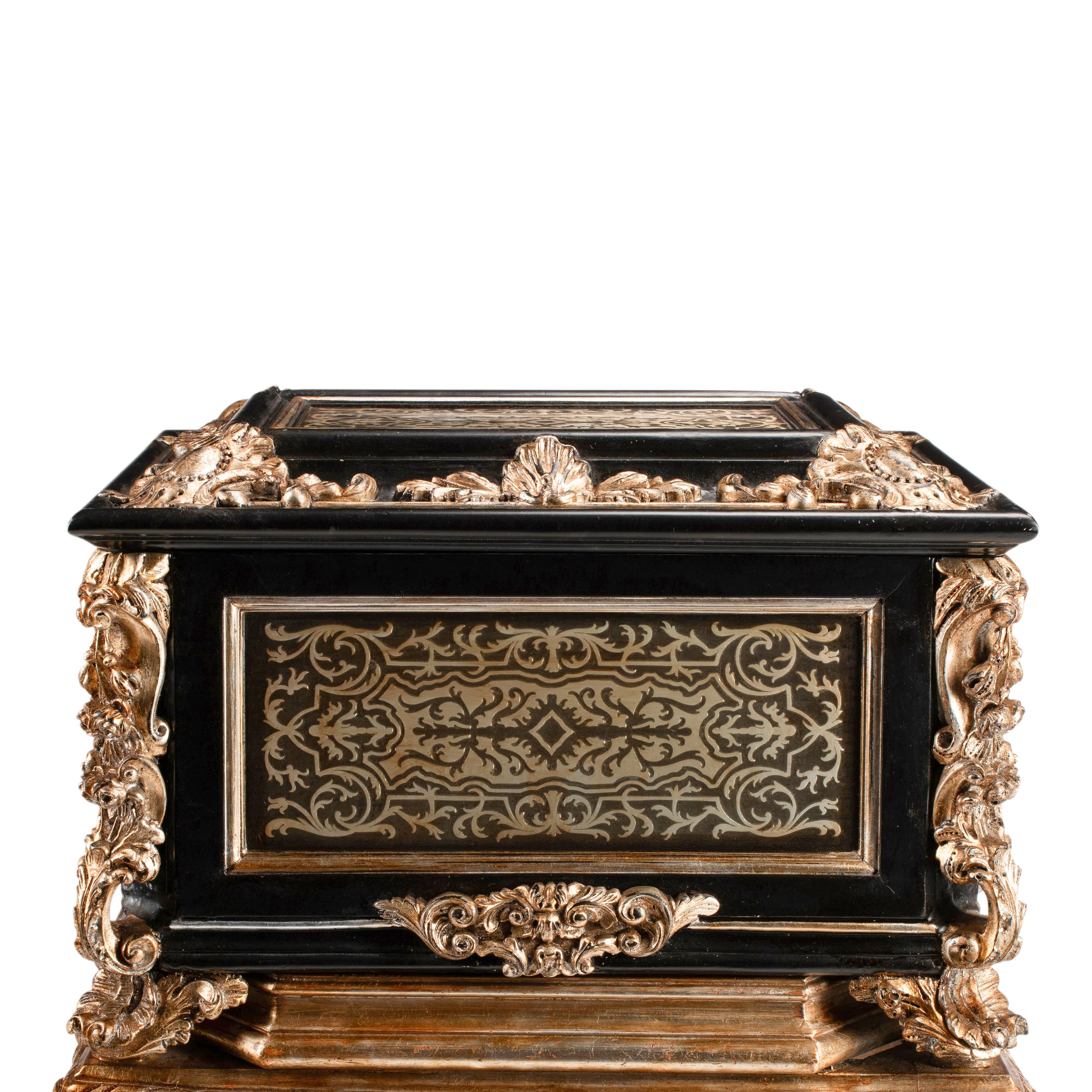A French Metal-Inlaid Box on Silvered Wood Stand
