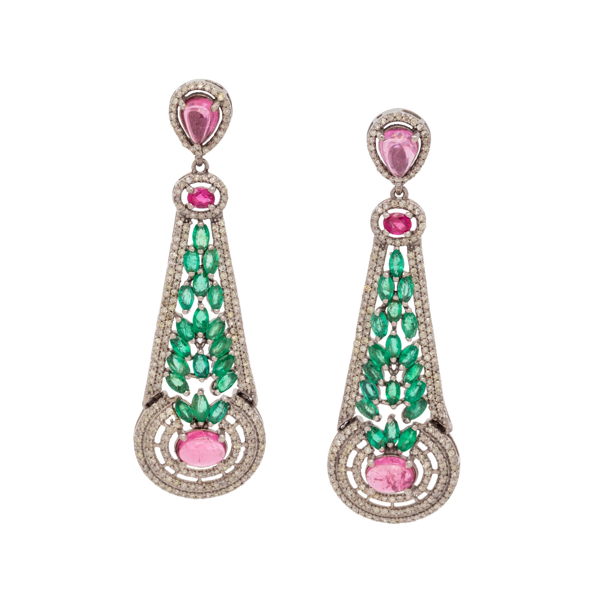 EMERALD, PINK TOURMALINE AND DIAMOND EARRINGS