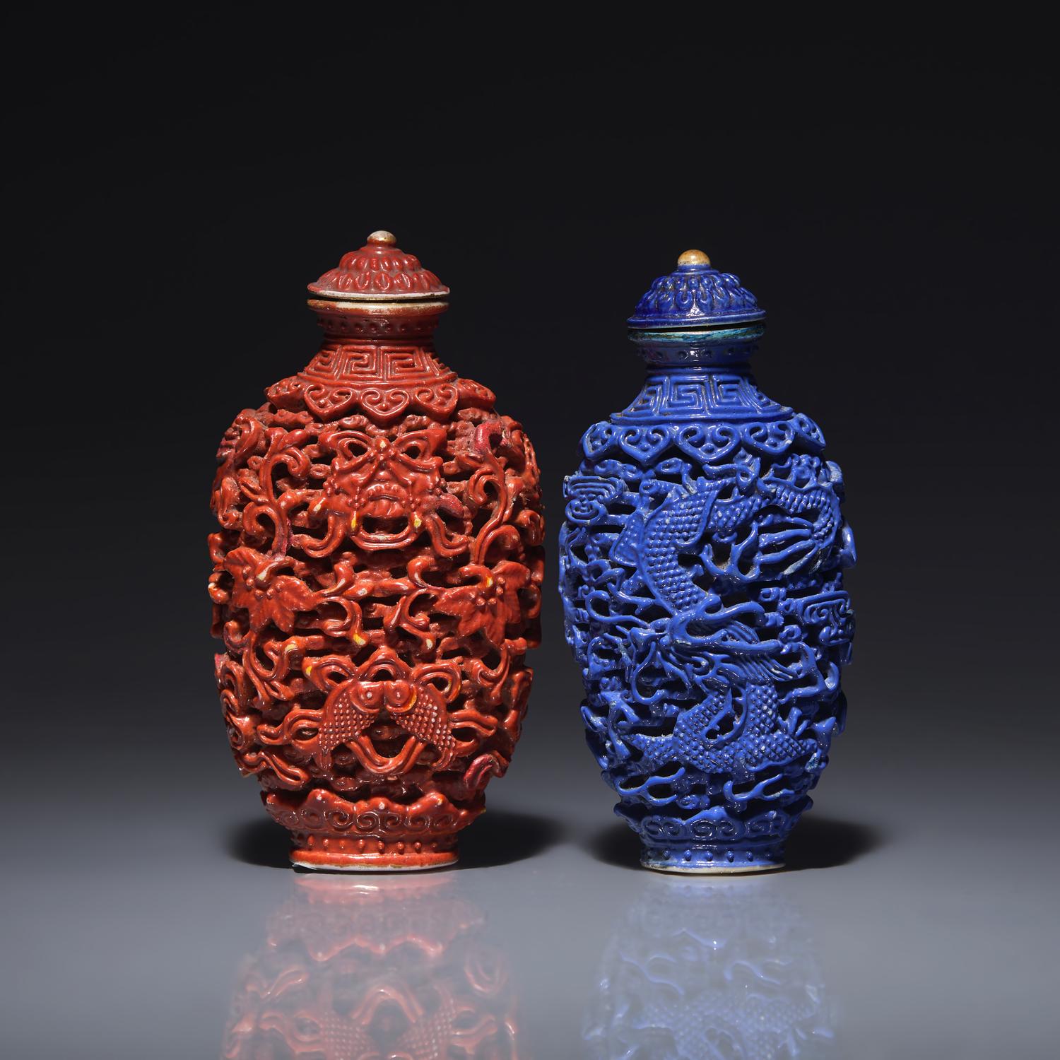 Two Chinese Molded and Enameled Porcelain Snuff Bottles, Possibly Jiaqing Period 或爲清嘉慶 瓷雕鼻烟壺兩支