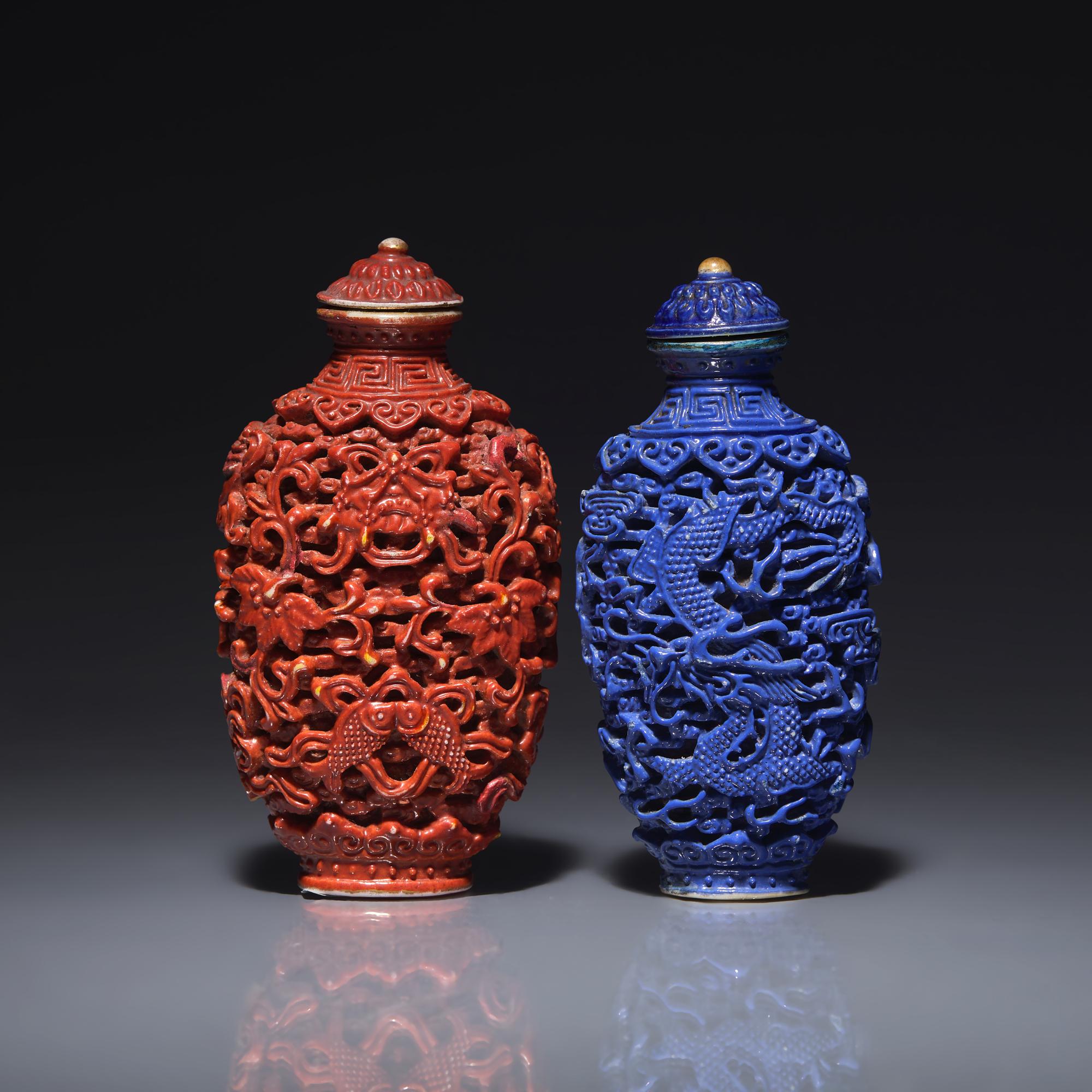 Two Chinese Molded and Enameled Porcelain Snuff Bottles, Possibly Jiaqing Period 或爲清嘉慶 瓷雕鼻烟壺兩支
