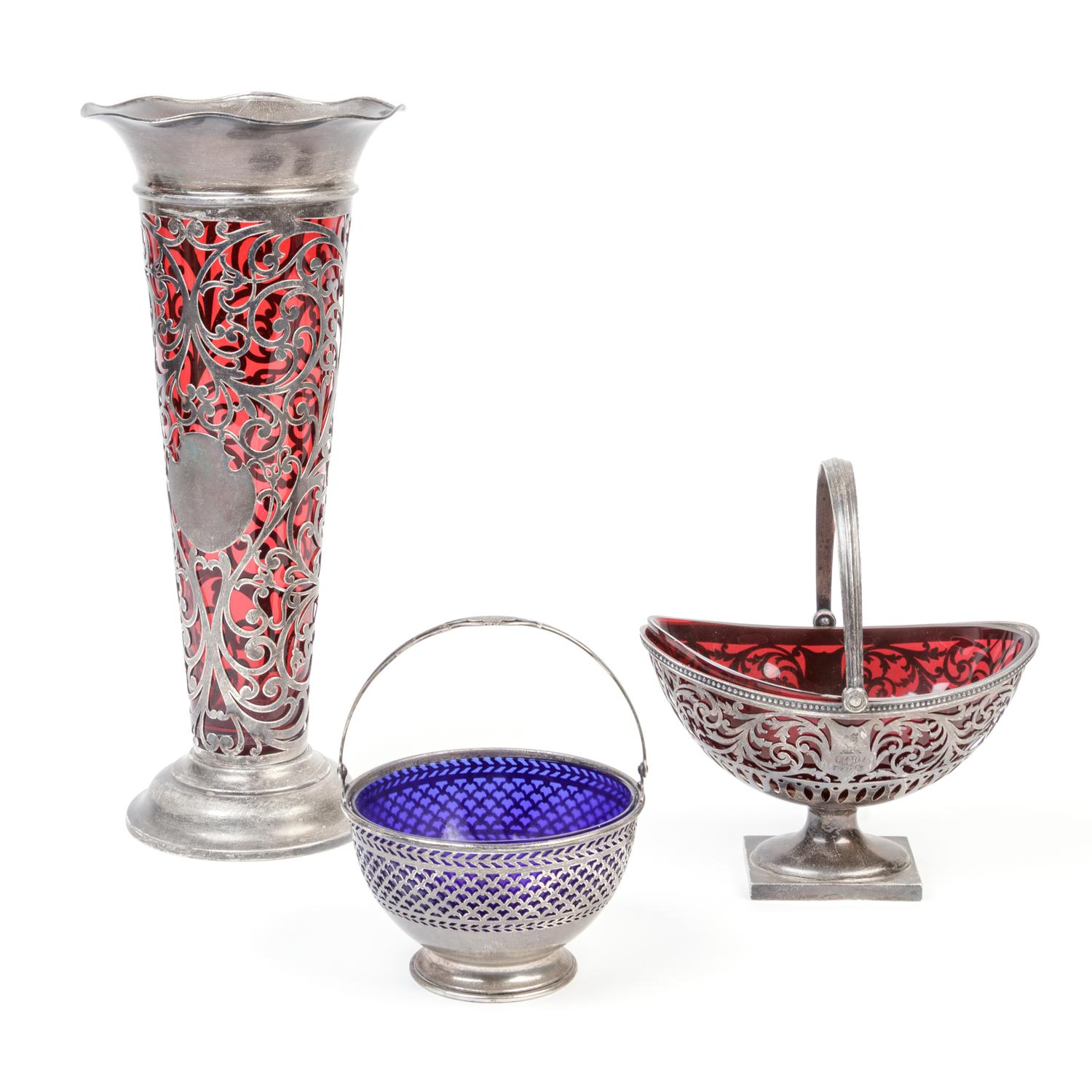 Three American Silver Overlay and Colored Glass Articles