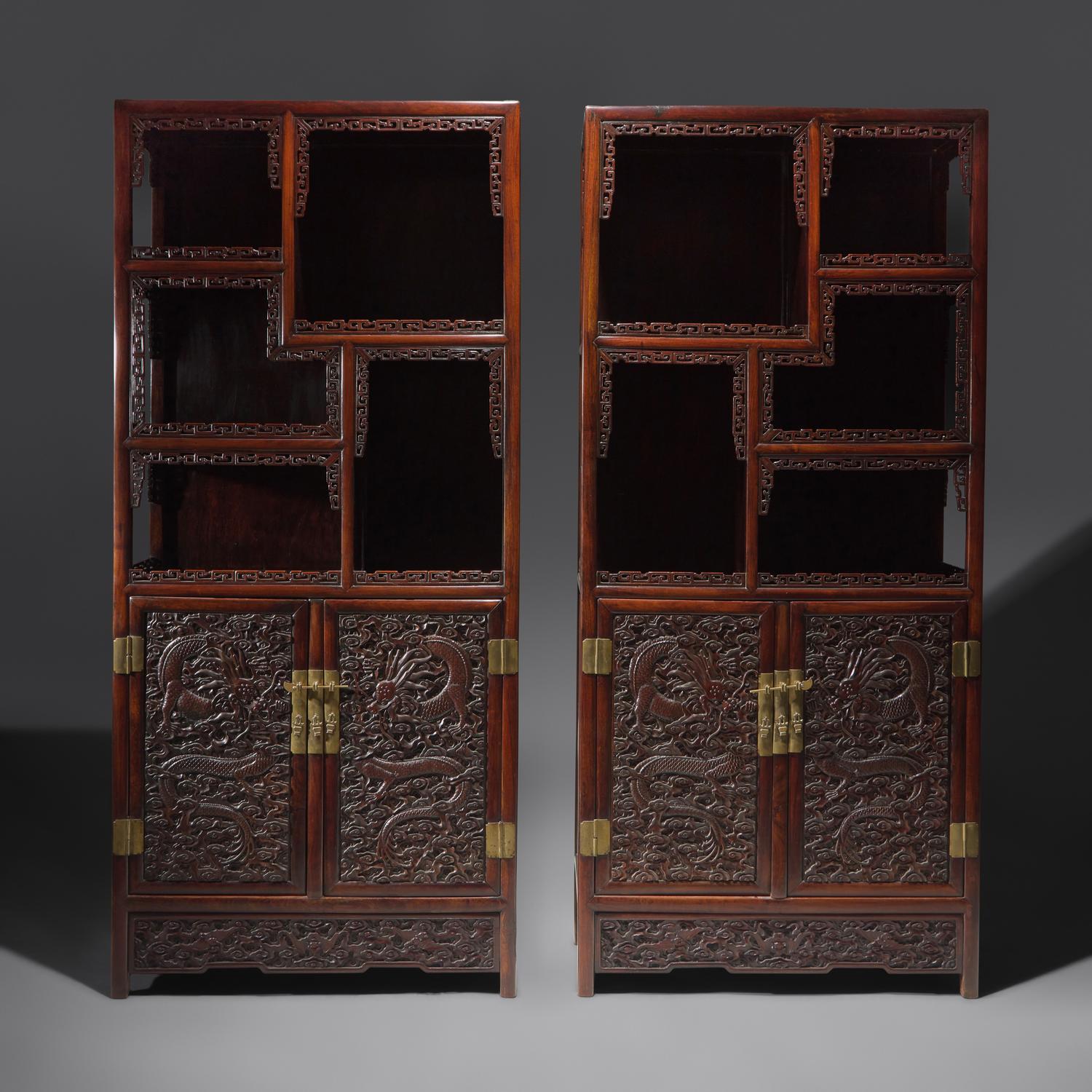 A Pair of Carved Hongmu "Dragons" Display Cabinets 紅木龍紋多宝格一對