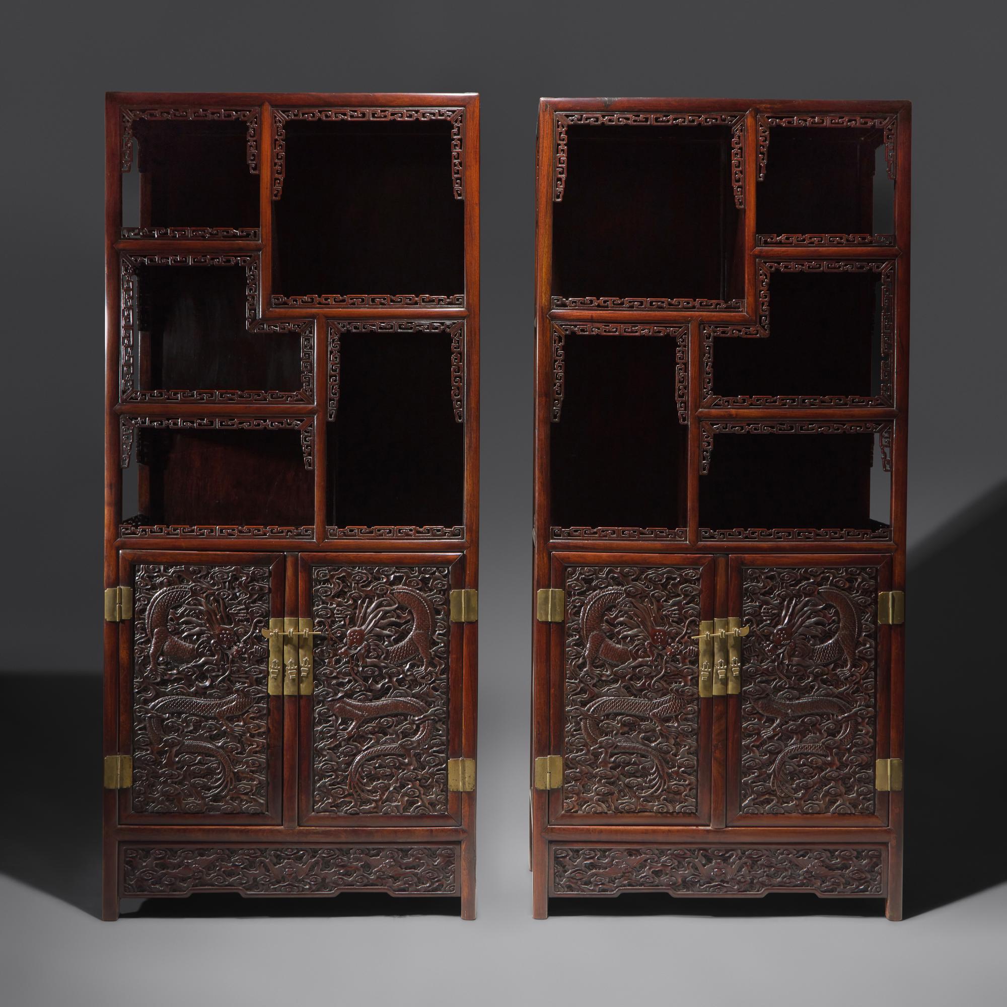 A Pair of Carved Hongmu "Dragons" Display Cabinets 紅木龍紋多宝格一對