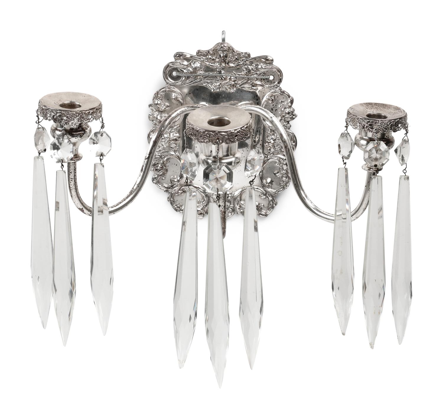 A Pair of Silvered Metal Three-Light Sconces