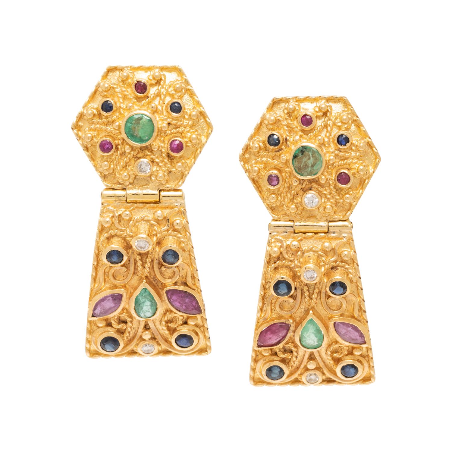 YELLOW GOLD AND MULTIGEM PENDANT EARRINGS