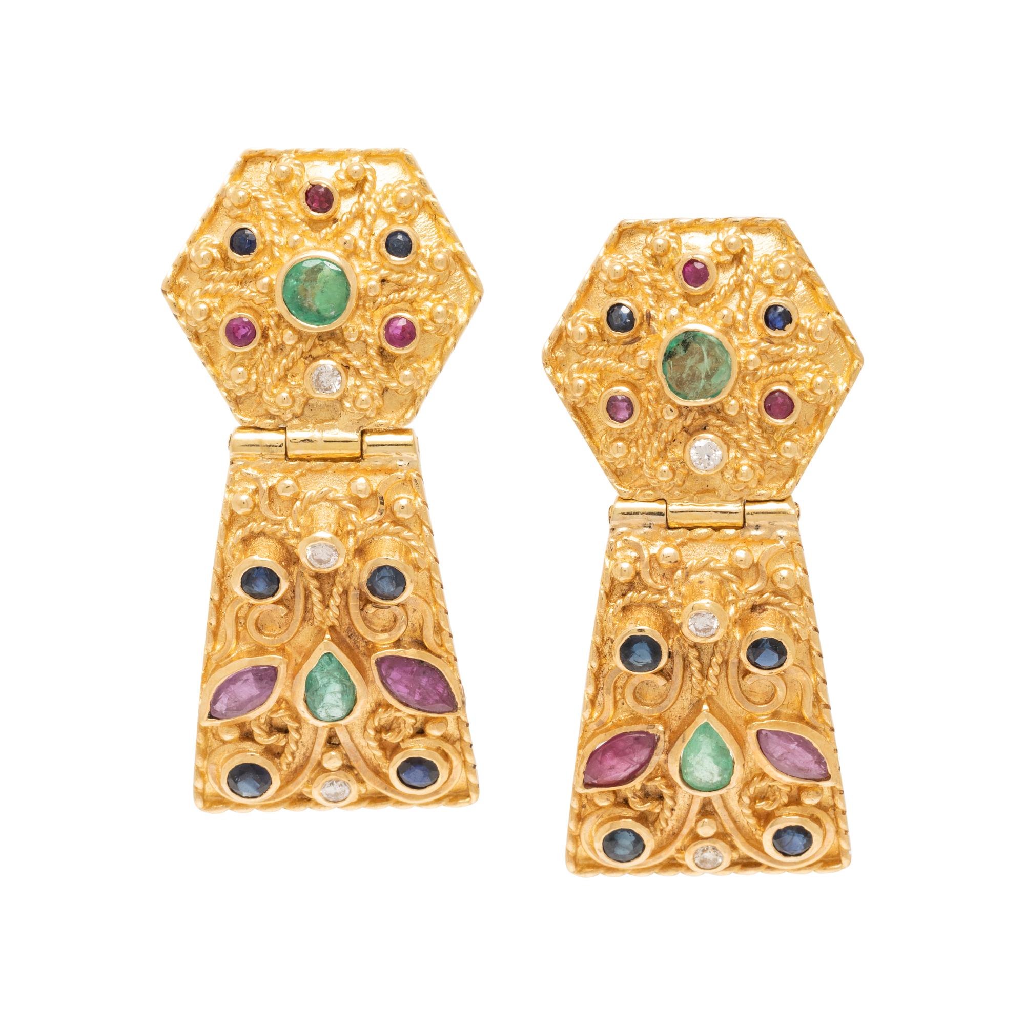 YELLOW GOLD AND MULTIGEM PENDANT EARRINGS