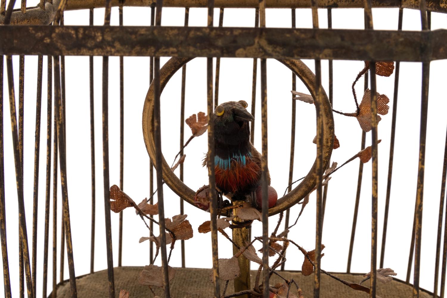 A German Gilt Metal Singing Automaton Bird Cage by Karl Griesbaum