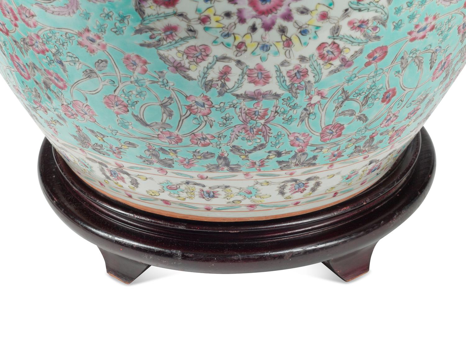 A Chinese Porcelain Fish Bowl and Wood Stand