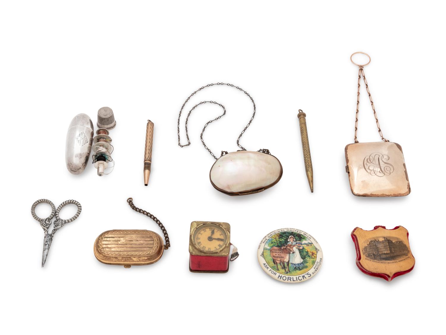 Two Gilt Metal Coin Purses, a Shell Purse and a Group of Needlework Tools