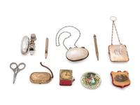 Two Gilt Metal Coin Purses, a Shell Purse and a Group of Needlework Tools
