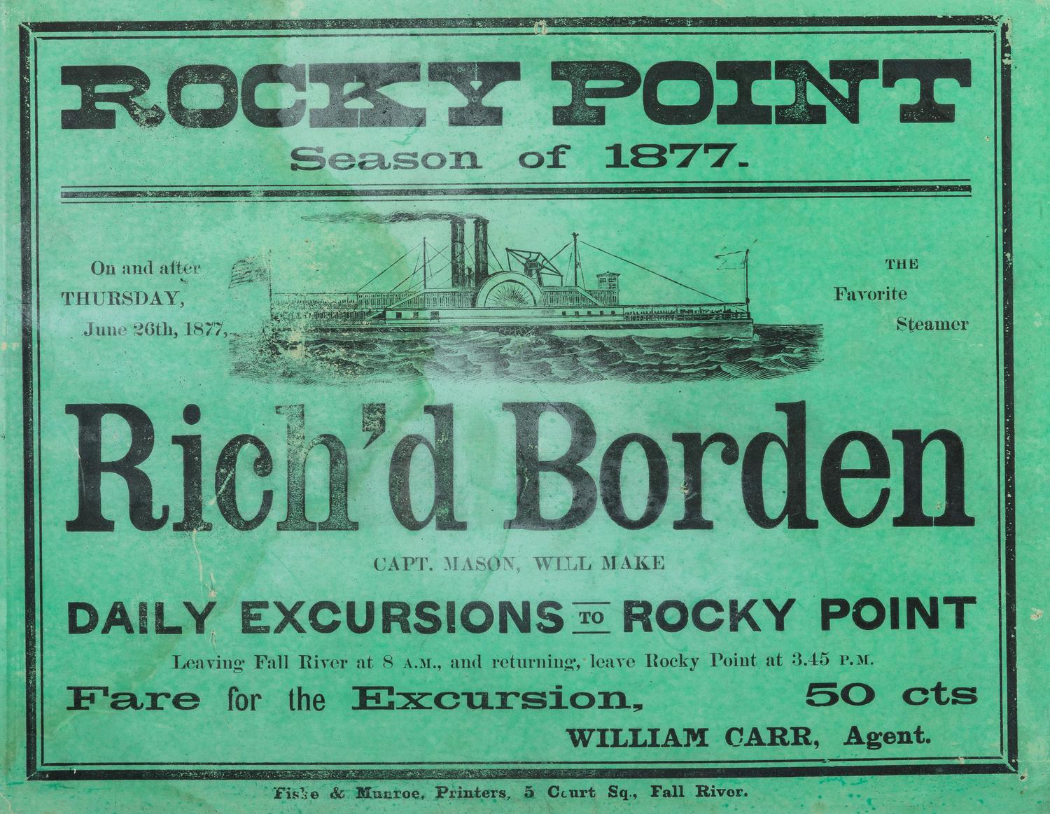 [TRANSPORTATION]. Rocky Point Season of 1877. Rich'd Borden. Fall River, [MA]: Fiske & Munroe, 1877.