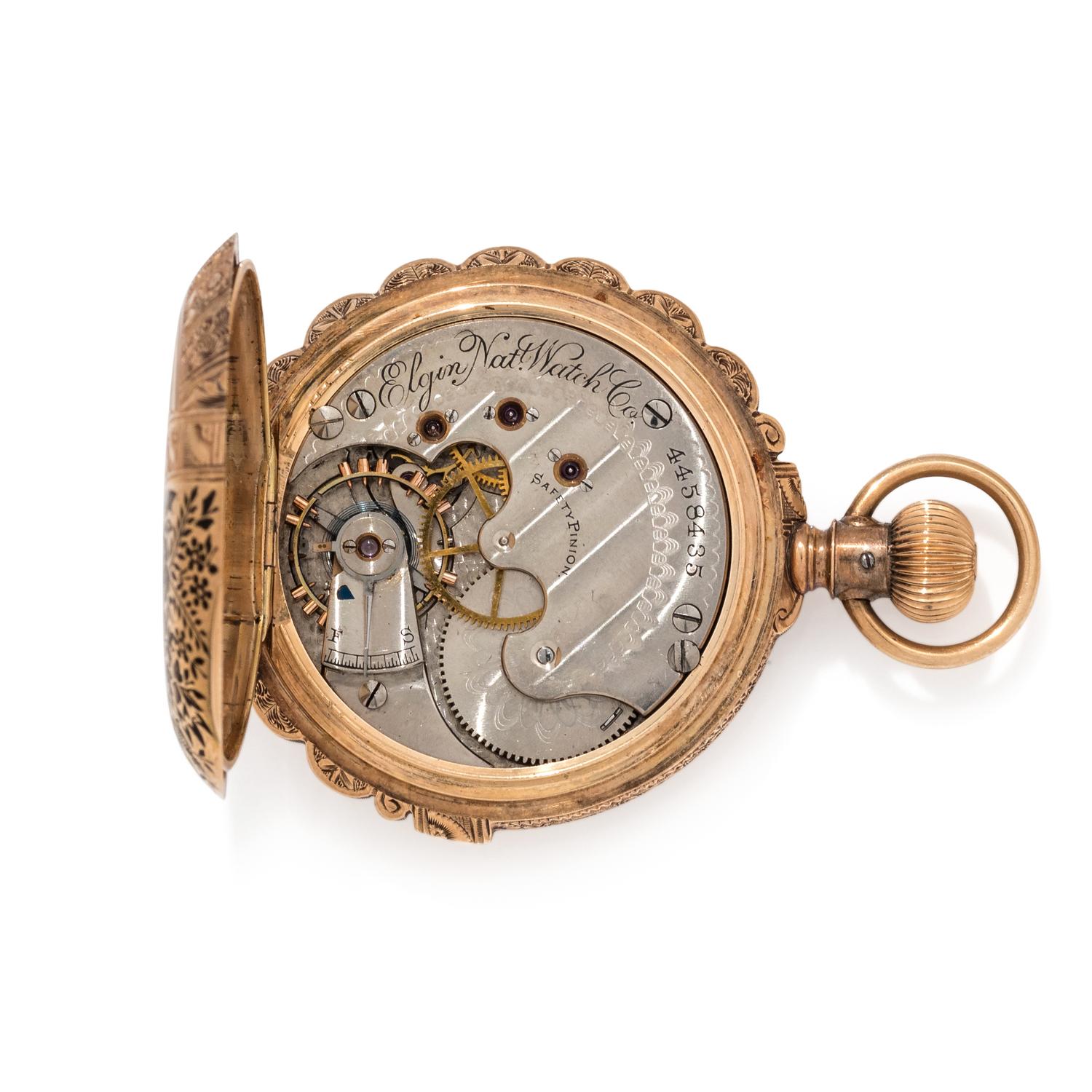 ELGIN, 14K YELLOW GOLD AND ENAMEL HUNTER CASE POCKET WATCH