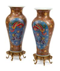 A Pair of Chinese Export Cloisonné-Over-Porcelain Floor Vases on Gilt Metal Bases