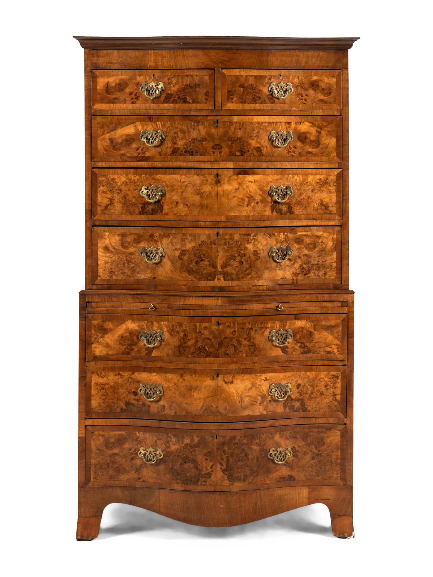 A George III Burl Walnut and Mahogany Serpentine Chest-on-Chest