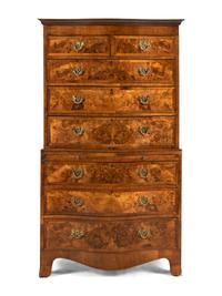 A George III Burl Walnut and Mahogany Serpentine Chest-on-Chest