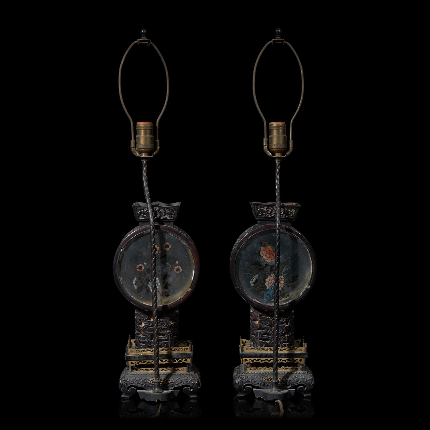 A Pair of Chinese Painted Glass and Carved Wood Lanterns, Mounted as Lamps 硬木嵌彩繪玻璃花鳥圖燈一對