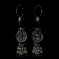 A Pair of Chinese Painted Glass and Carved Wood Lanterns, Mounted as Lamps 硬木嵌彩繪玻璃花鳥圖燈一對