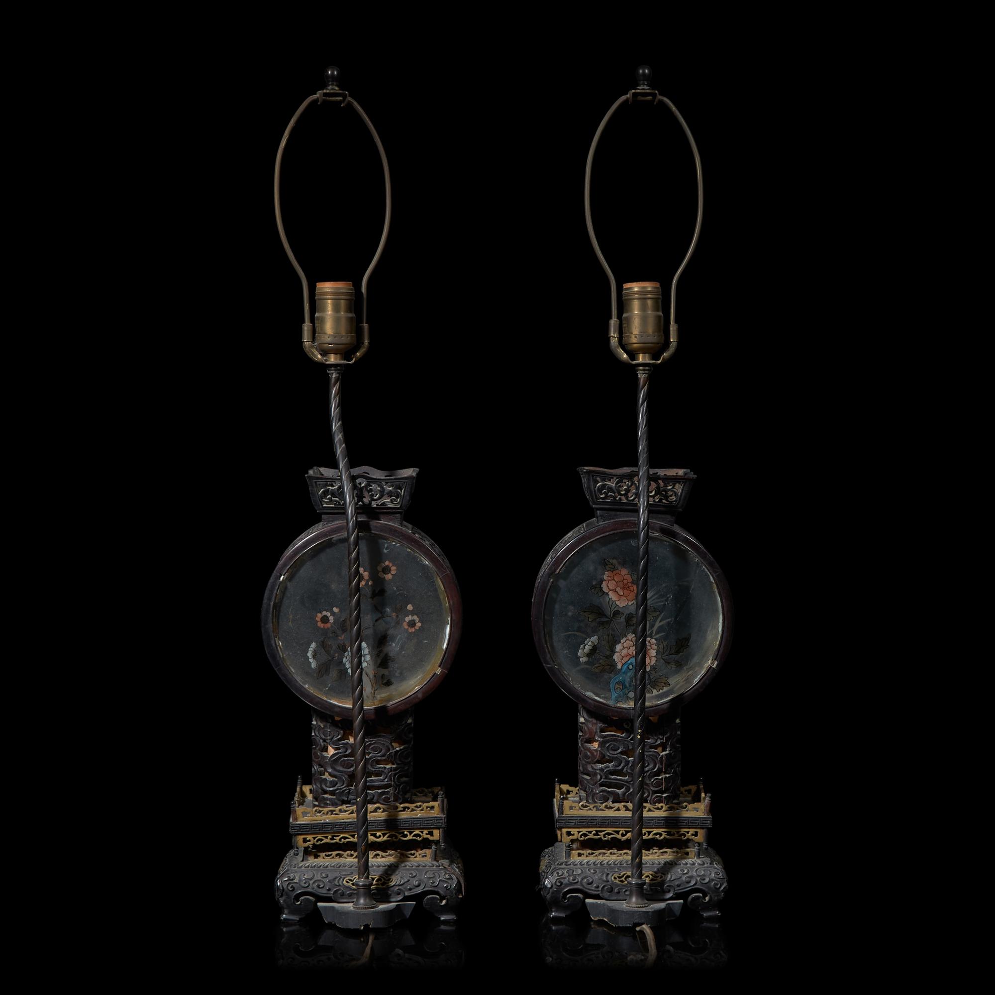 A Pair of Chinese Painted Glass and Carved Wood Lanterns, Mounted as Lamps 硬木嵌彩繪玻璃花鳥圖燈一對