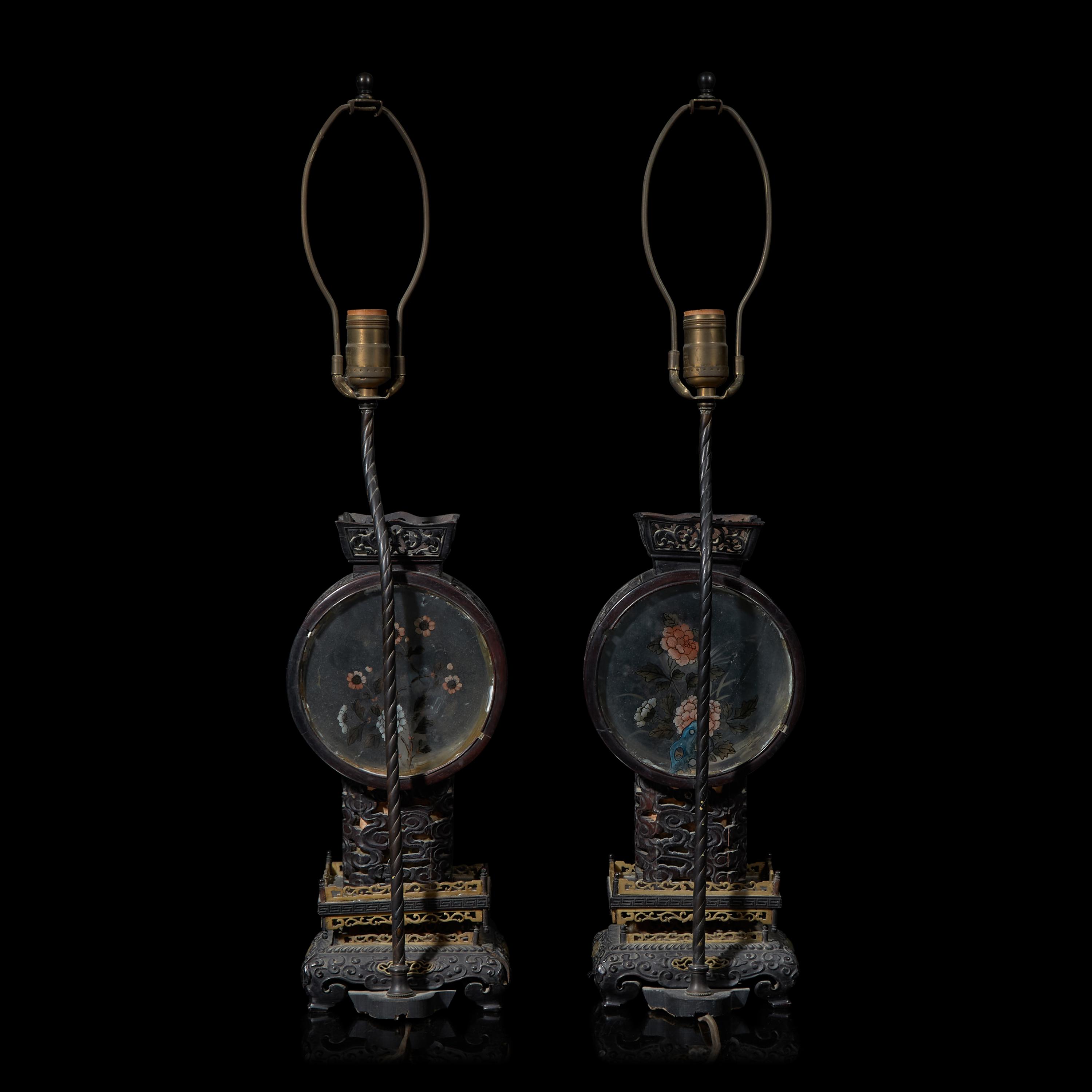 A Pair of Chinese Painted Glass and Carved Wood Lanterns, Mounted as Lamps 硬木嵌彩繪玻璃花鳥圖燈一對