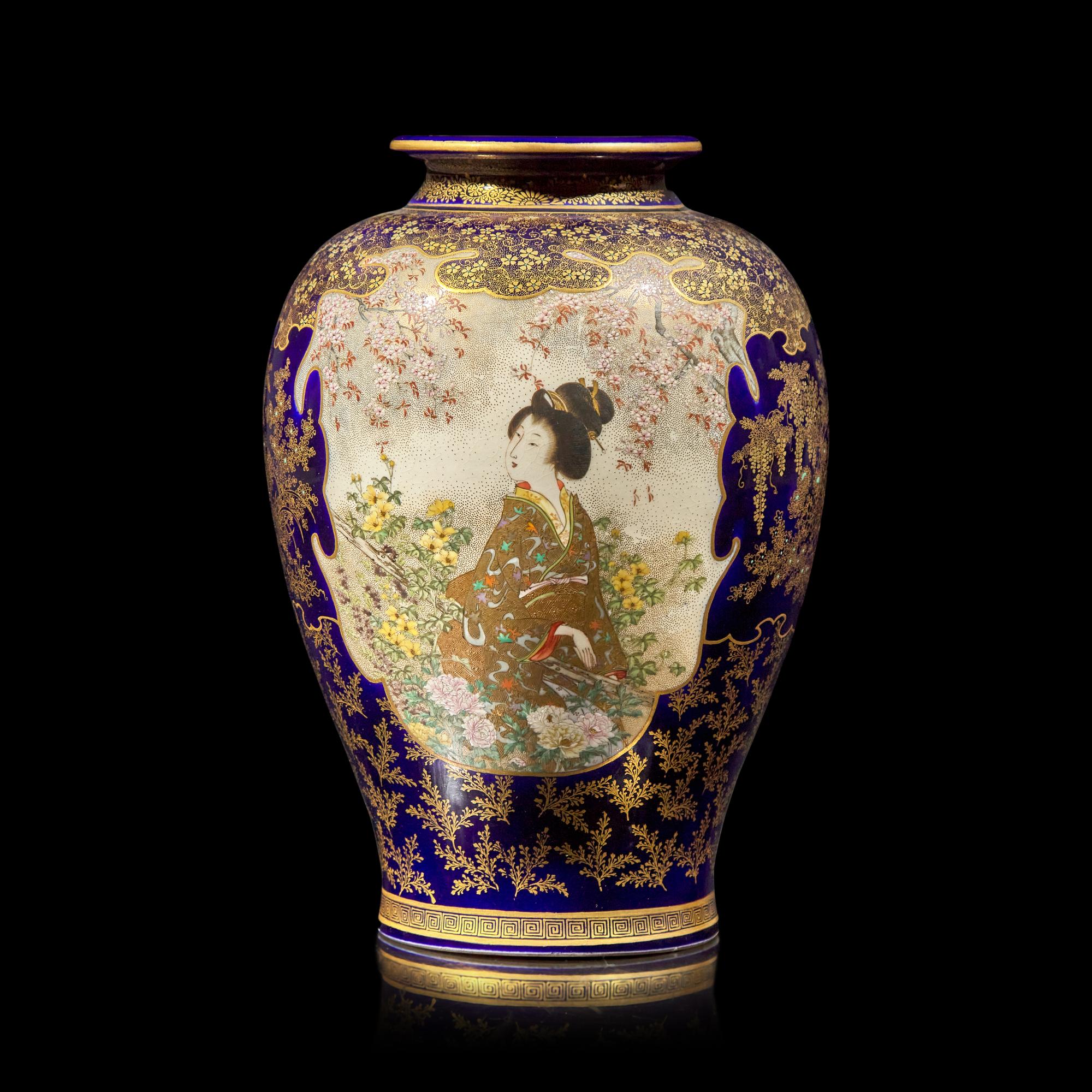 A Satsuma-Type Cobalt-Ground Vase, Kinkozan Studio, Meiji Period